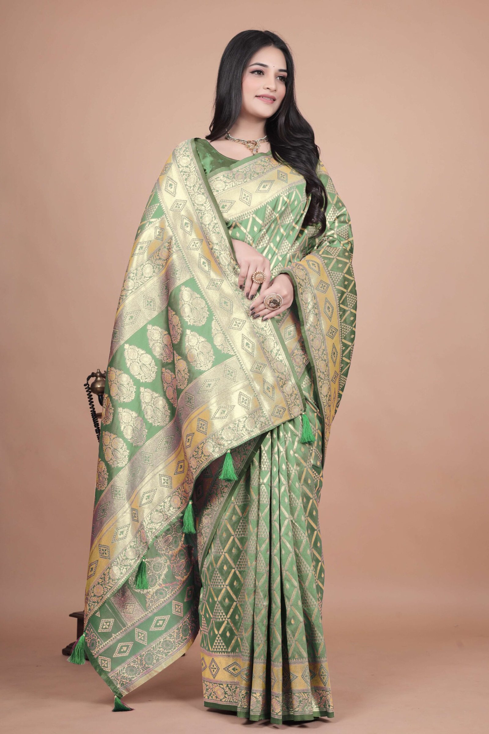 Emerald Green Banarasi Silk Saree with Silver Zari | Geometric & Floral Design | Wedding, Festive & Traditional Wear - Image 2