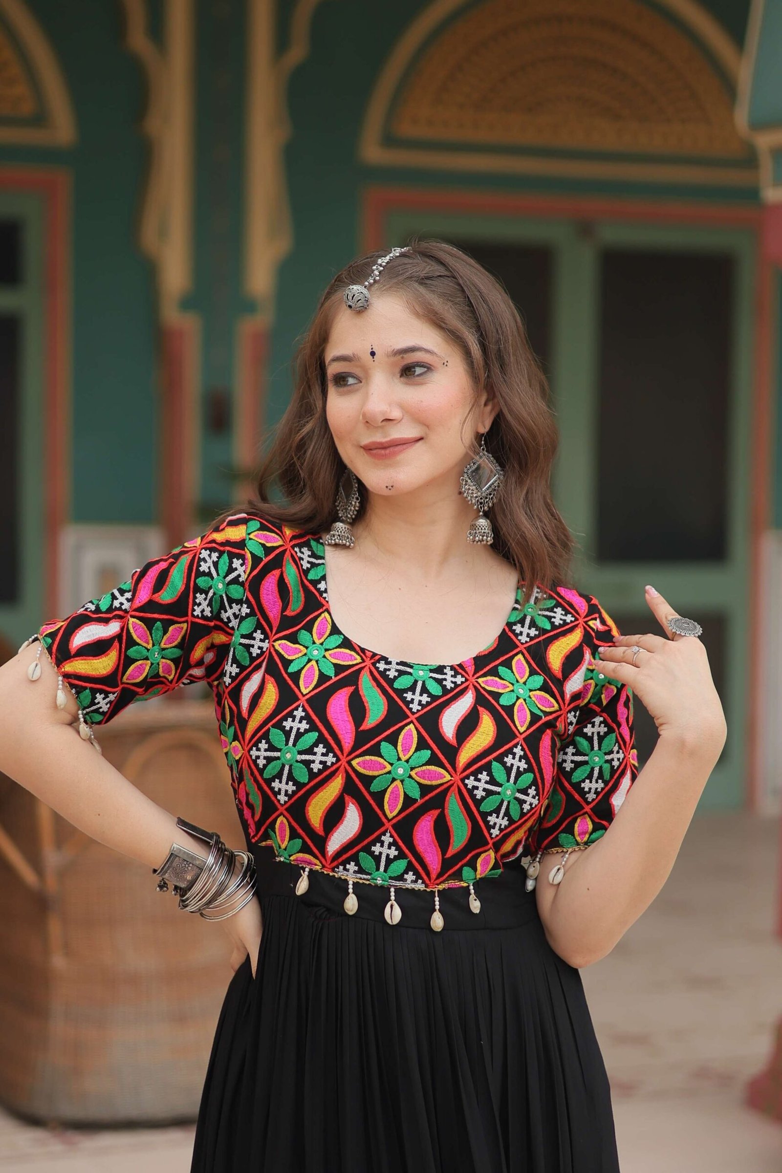 Black Elegant Kutchi Gamthi Work Reyon Gown with Heavy Flair - Image 5