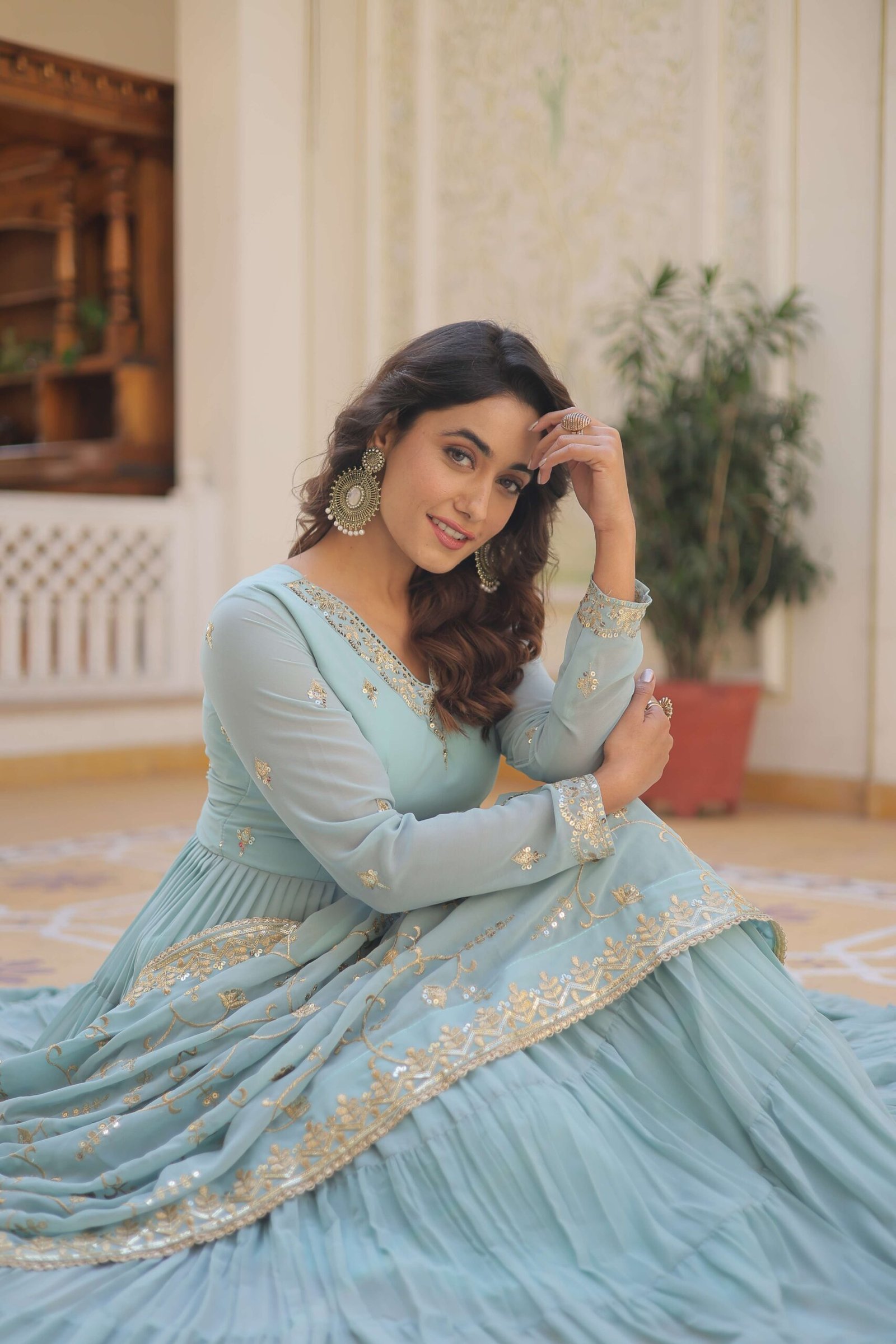 SKY Faux Georgette Designer Gown with Sequined Dupatta ? Elegant Fully Flared Party & Wedding Set - Image 2