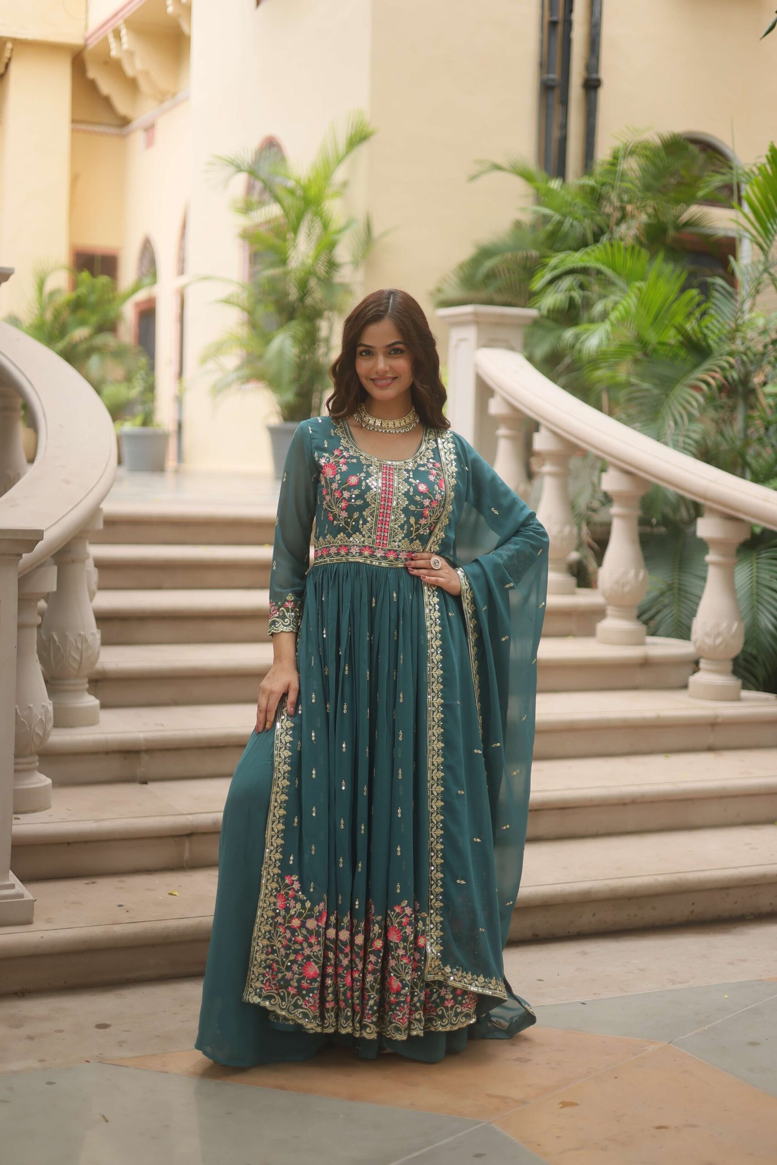 Rama Faux Georgette Sequins Embroidered Kurti with Sharara & Dupatta Set - Image 6
