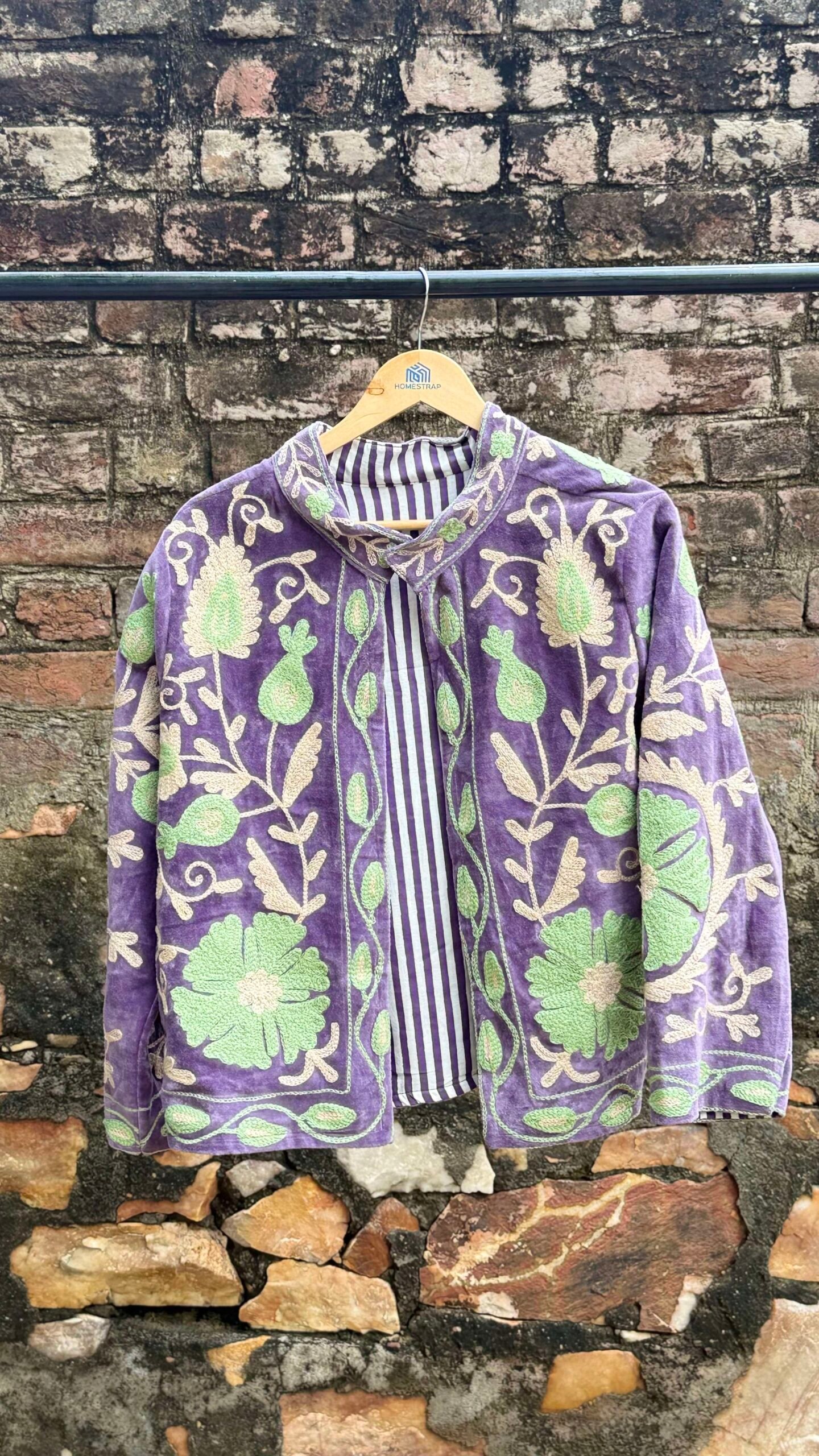 Womens Purple Velvet Embroidered Jacket with Floral Design - Image 3