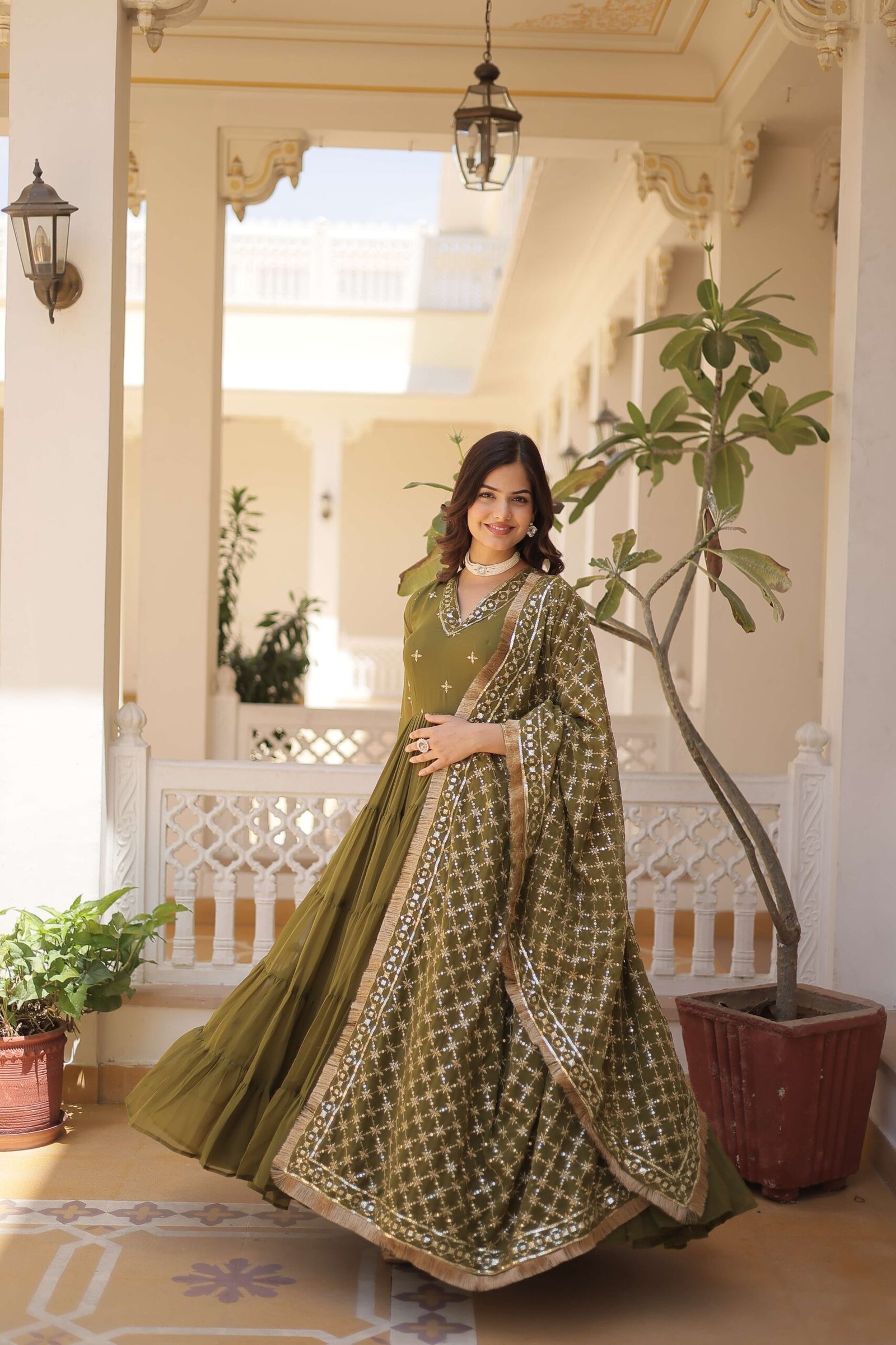 Mehandi Designer Faux Georgette Gown with Sequined Dupatta ? Elegant Festive & Party Wear Set