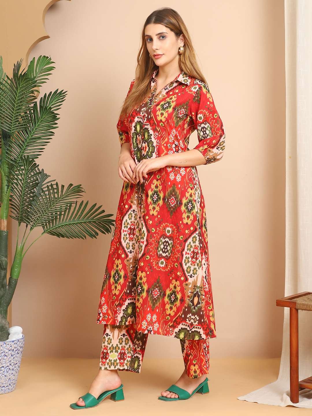 Women's Pure Cotton Printed Collared Top and Pant Co-ord Set (Multti Color4)