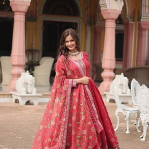 Maroon Designer Chinon Sequins Embroidered Gown with Kalamkari Silk Dupatta