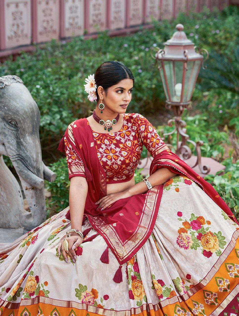 White Tussar Silk Lehenga Choli with Red Blouse | Patola Print & Foil Work | Wedding & Festive Wear - Image 2