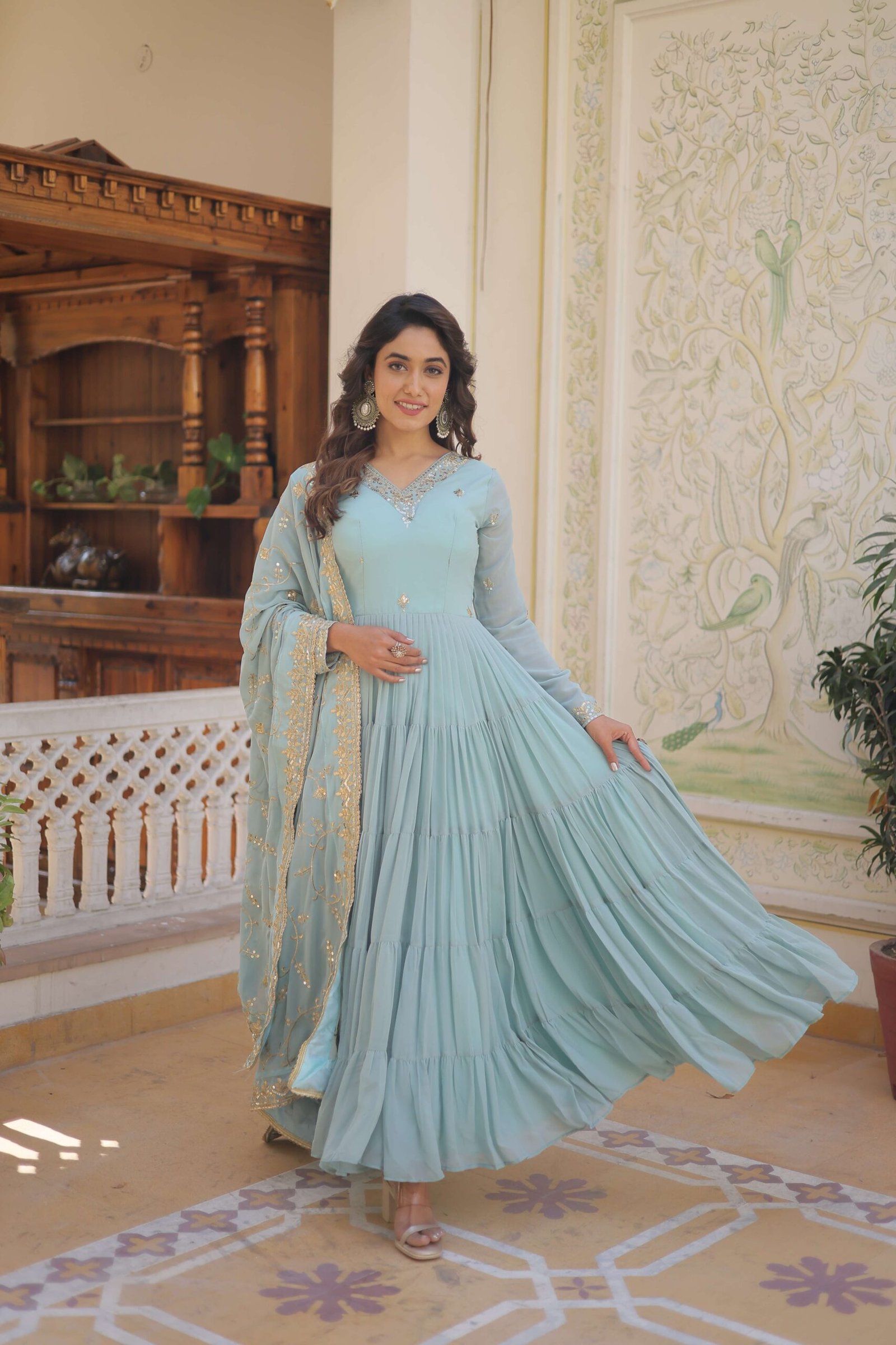 SKY Faux Georgette Designer Gown with Sequined Dupatta ? Elegant Fully Flared Party & Wedding Set - Image 4