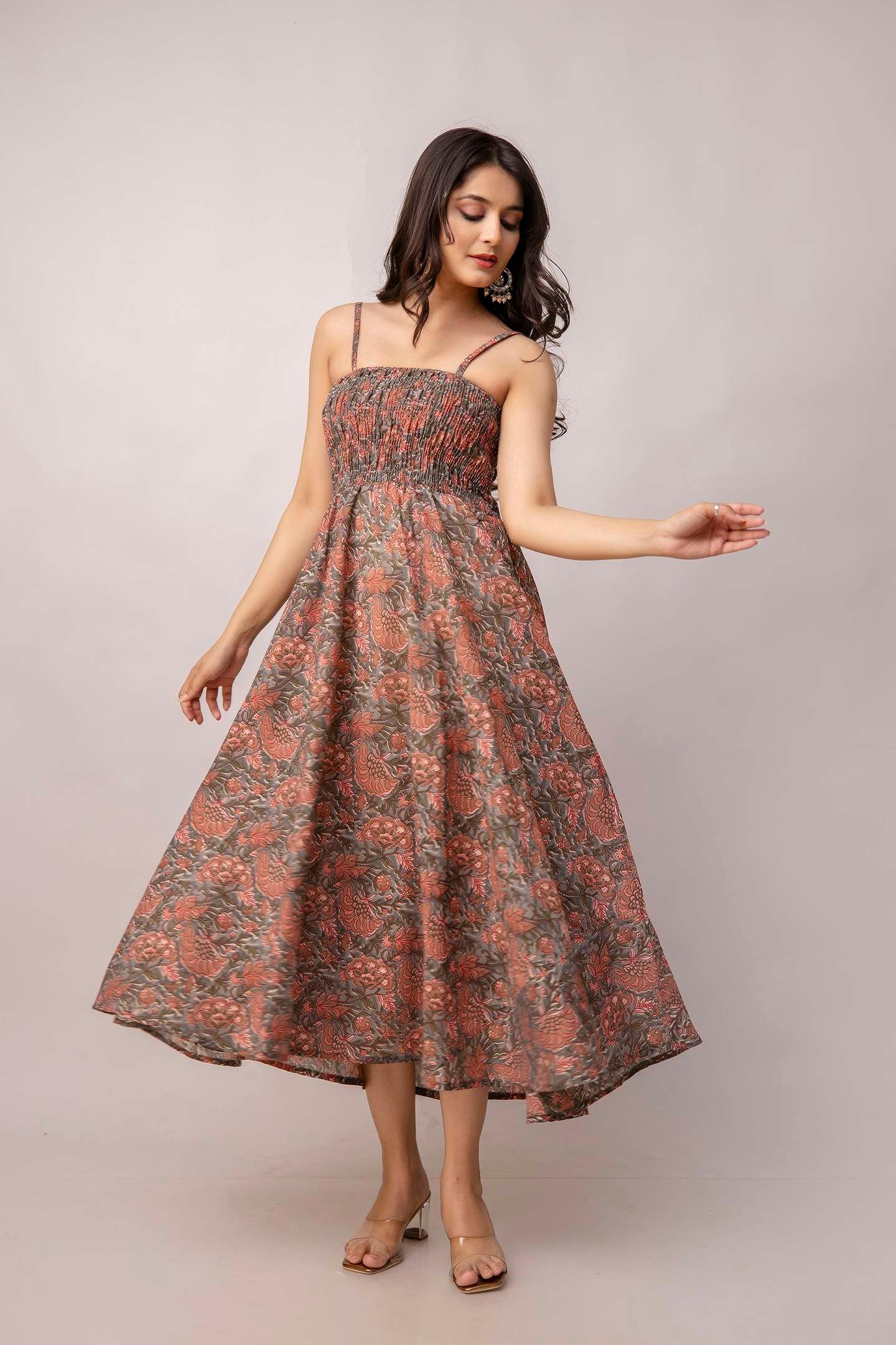Women's Silk Printed Shoulder Straps Sleeveless Anarkali Gown Drees (Light Maroon-SUI) - Image 2