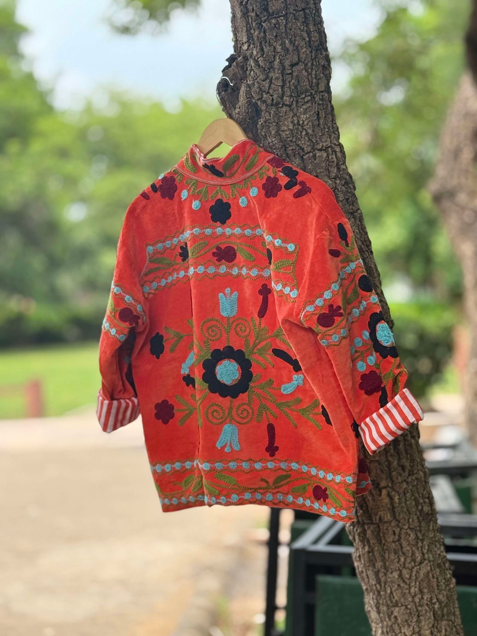 Womens Orange Velvet Embroidered Jacket with Floral Design - Image 8