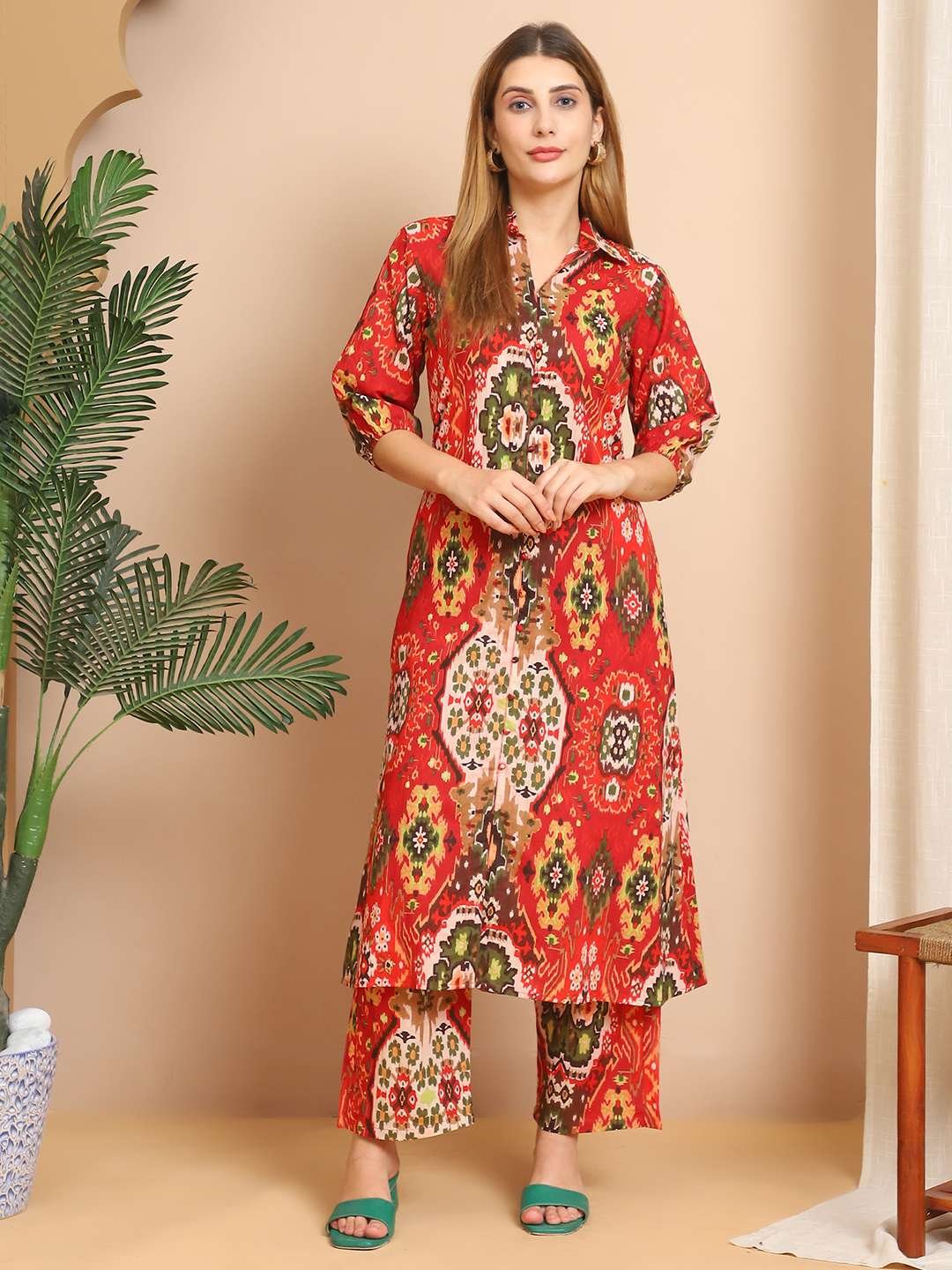 Women's Pure Cotton Printed Collared Top and Pant Co-ord Set (Multti Color4) - Image 8