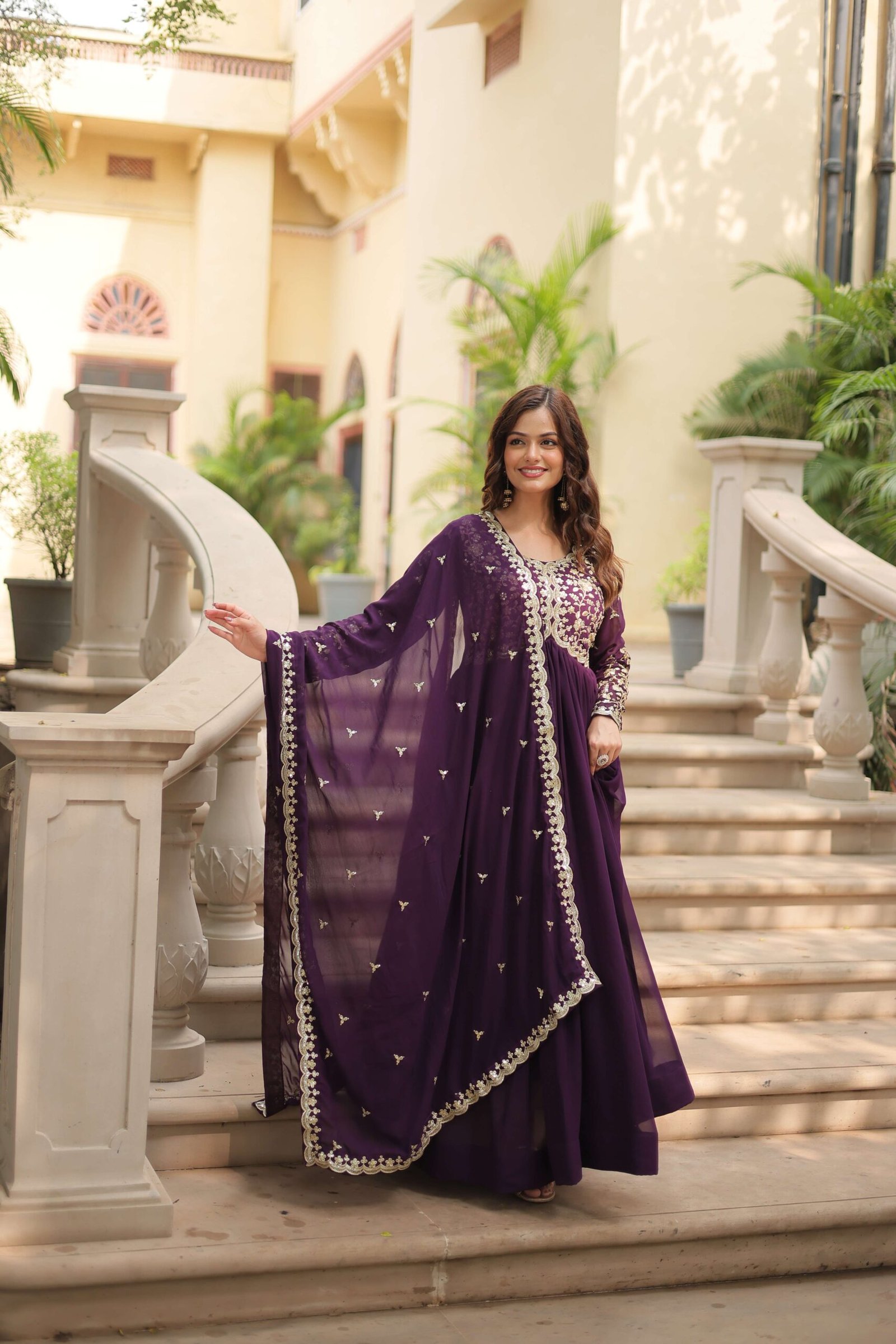 Wine Faux Blooming Sequins & Zari Embroidered Gown with Matching Dupatta - Image 8