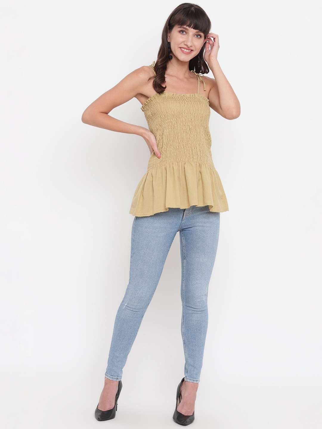 Women's Rayon Solid Casual Summer Style Tie Shoulder Straps Free Size Tank Top (Beige) - Image 2