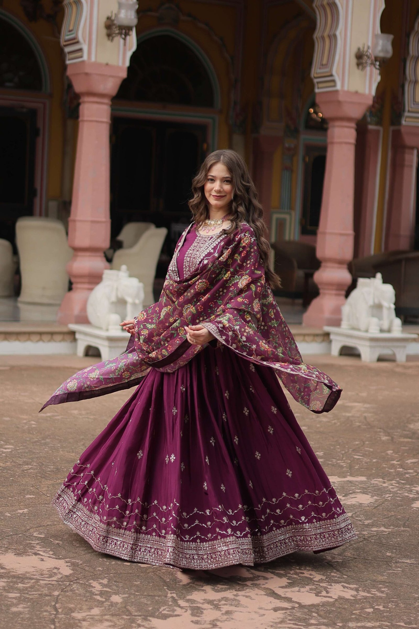 Wine Designer Chinon Sequins Embroidered Gown with Kalamkari Silk Dupatta