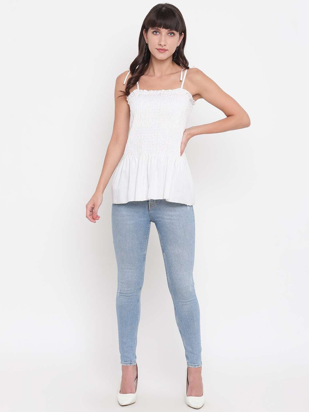 Women's Rayon Solid Casual Summer Style Tie Shoulder Straps Free Size Tank Top (White) - Image 3