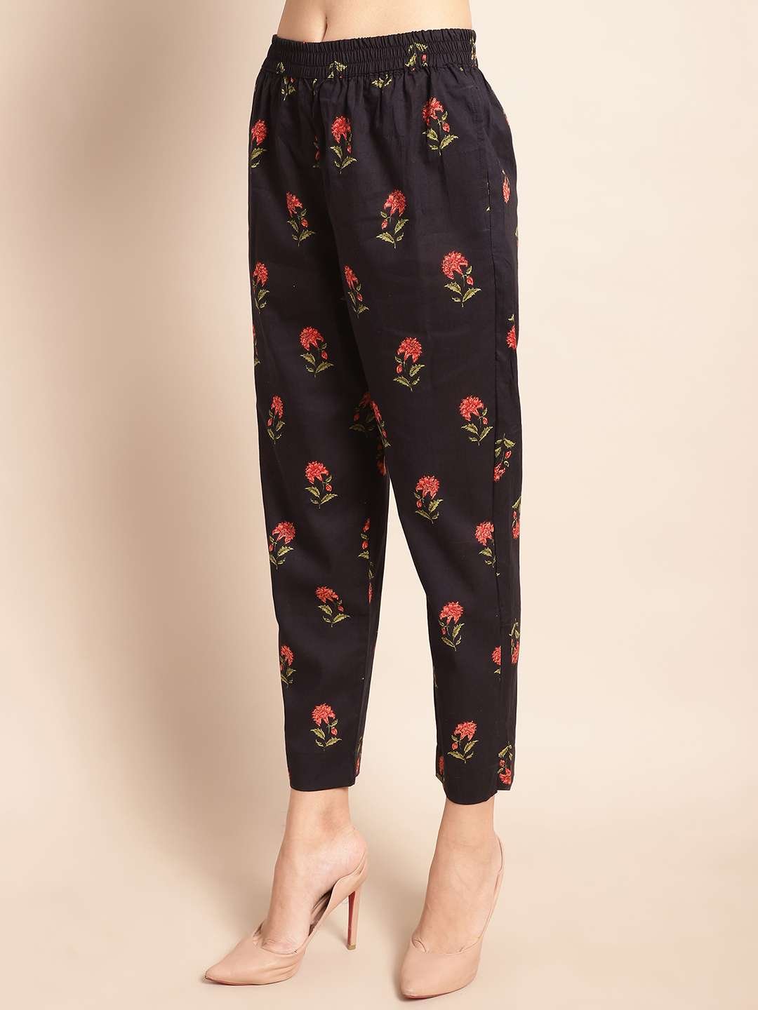 Women's Pure Cotton Printed Collared Top and Pant Co-ord Set (Black Rd) - Image 7