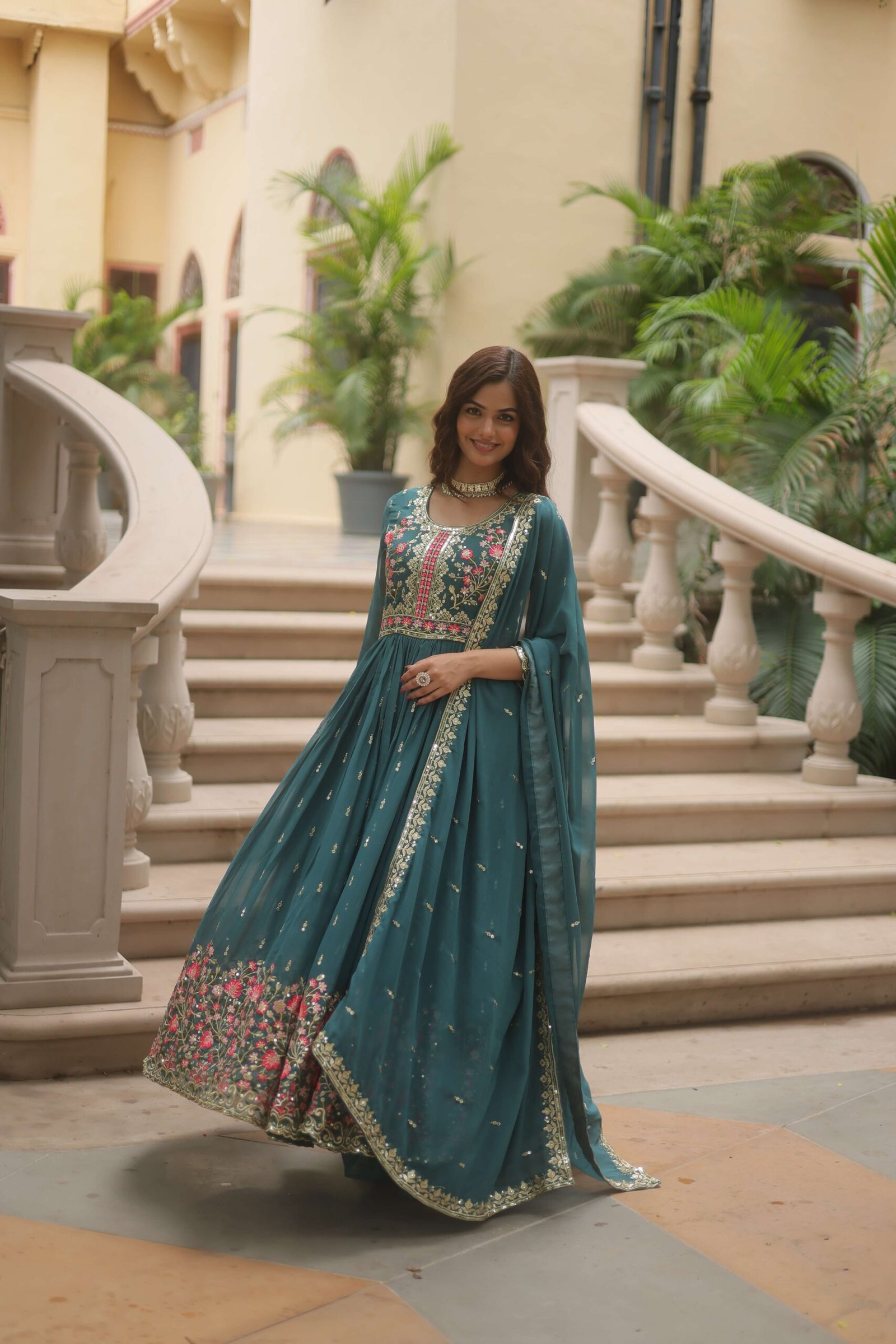 Rama Faux Georgette Sequins Embroidered Kurti with Sharara & Dupatta Set - Image 3