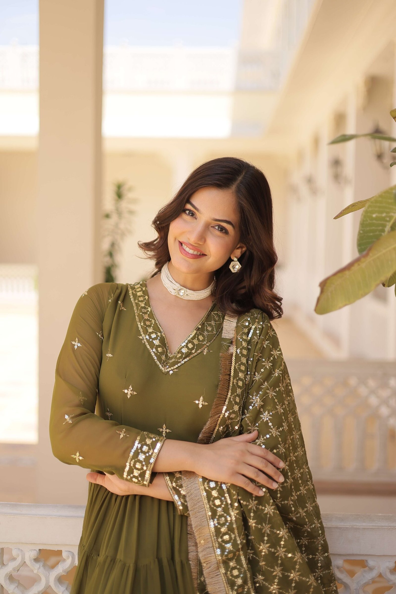 Mehandi Designer Faux Georgette Gown with Sequined Dupatta ? Elegant Festive & Party Wear Set - Image 2