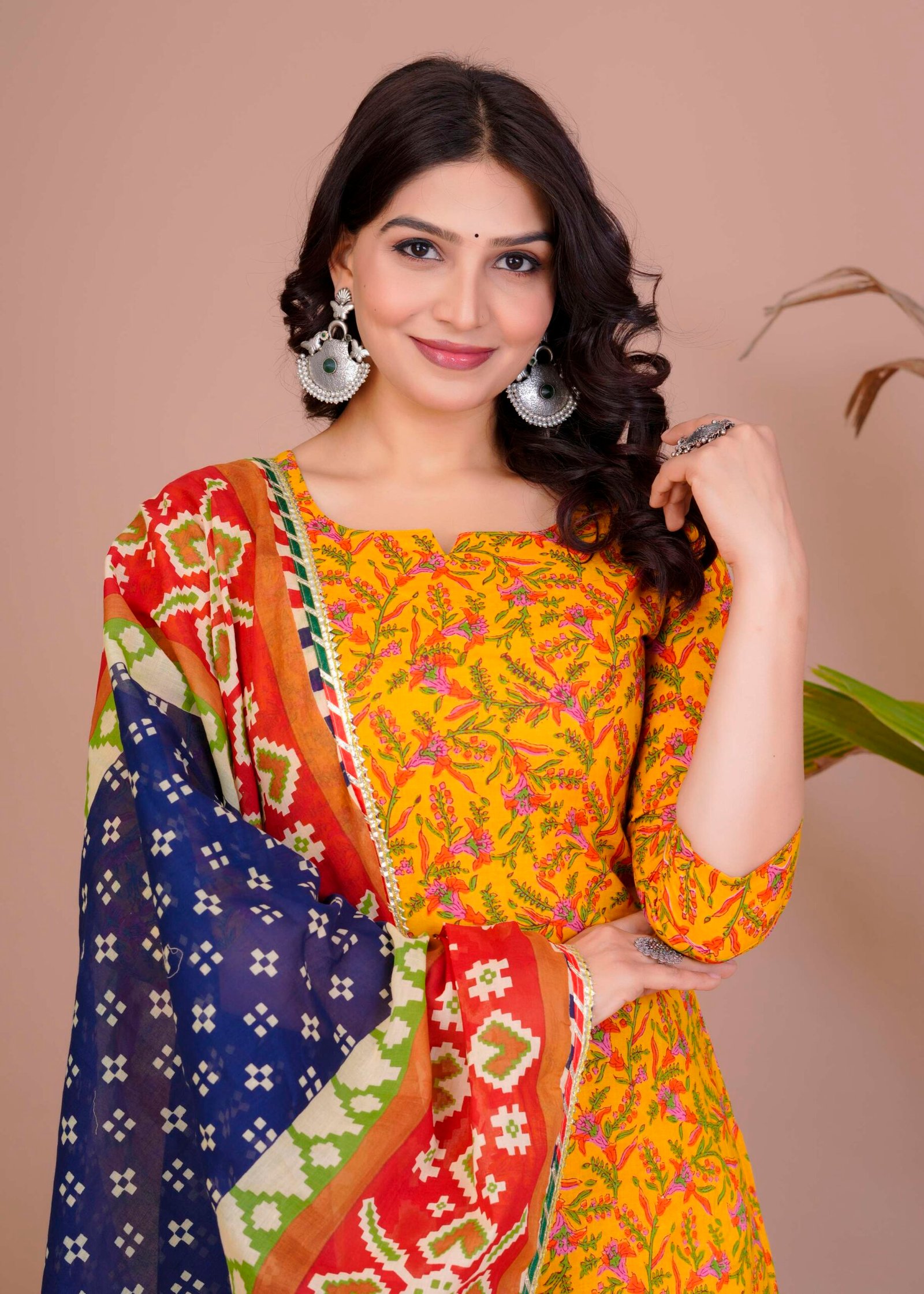 Women's Yellow Cotton Printed Straight Kurti with Pant & Dupatta Set - Image 3