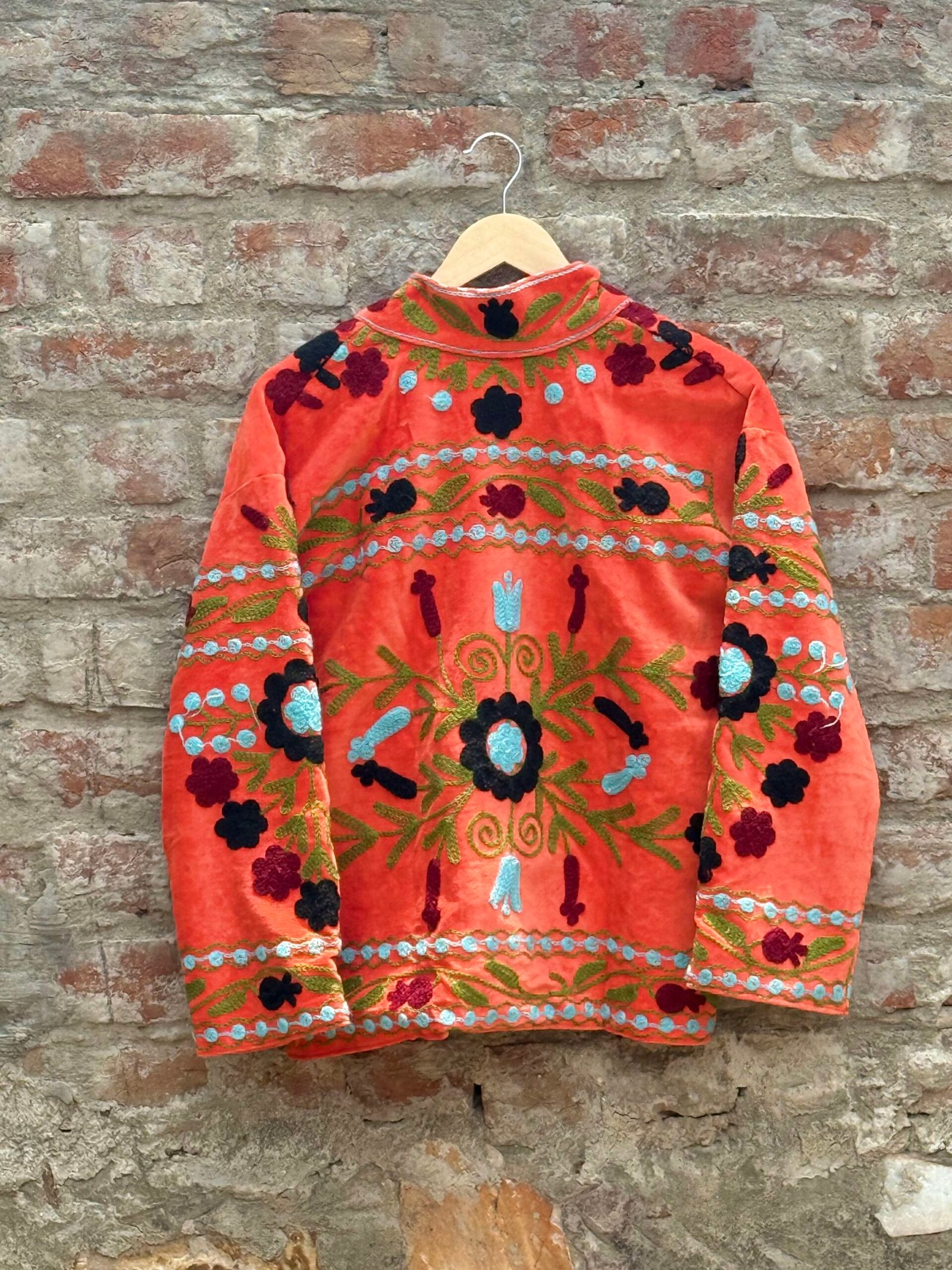 Womens Orange Velvet Embroidered Jacket with Floral Design - Image 6