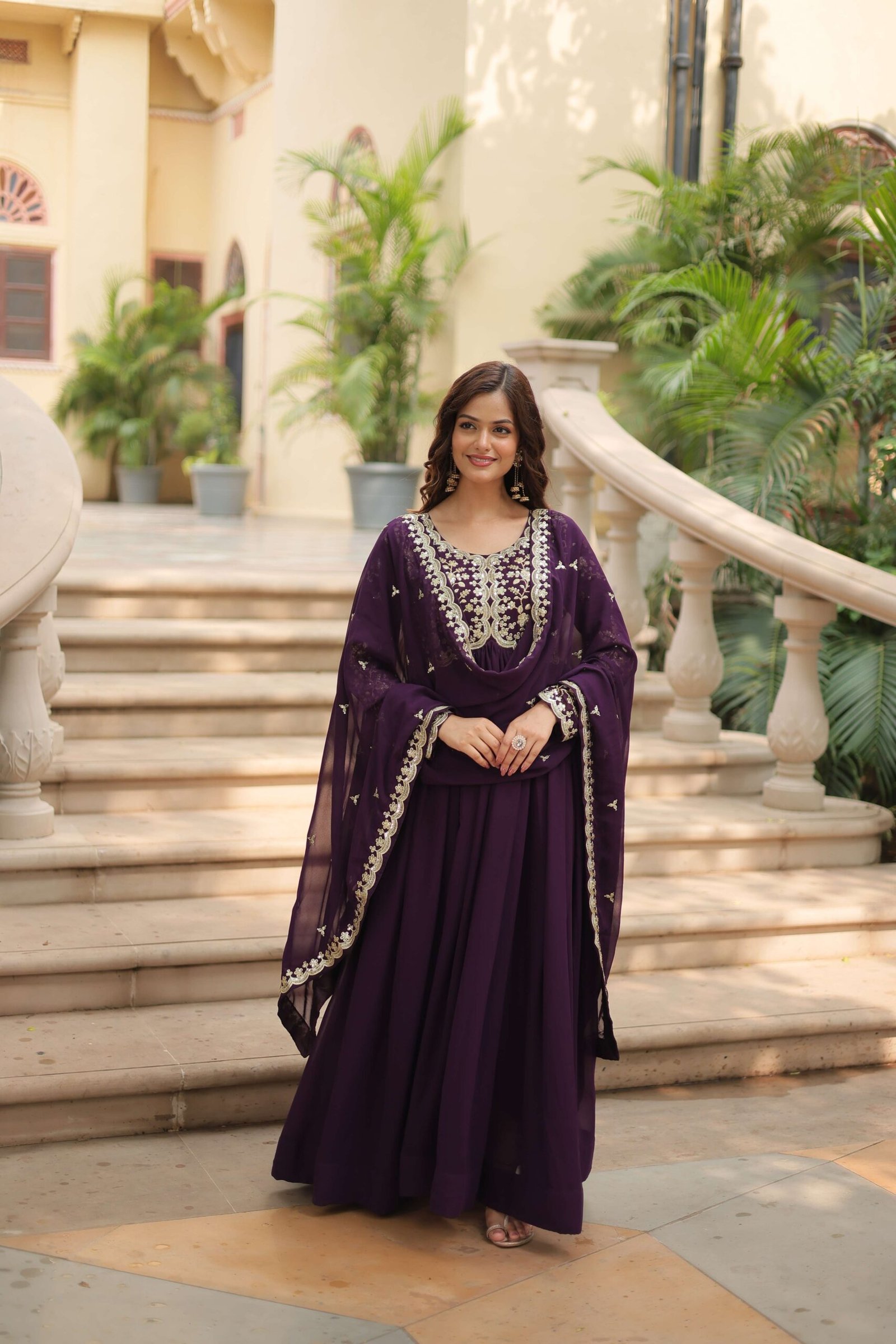 Wine Faux Blooming Sequins & Zari Embroidered Gown with Matching Dupatta - Image 7