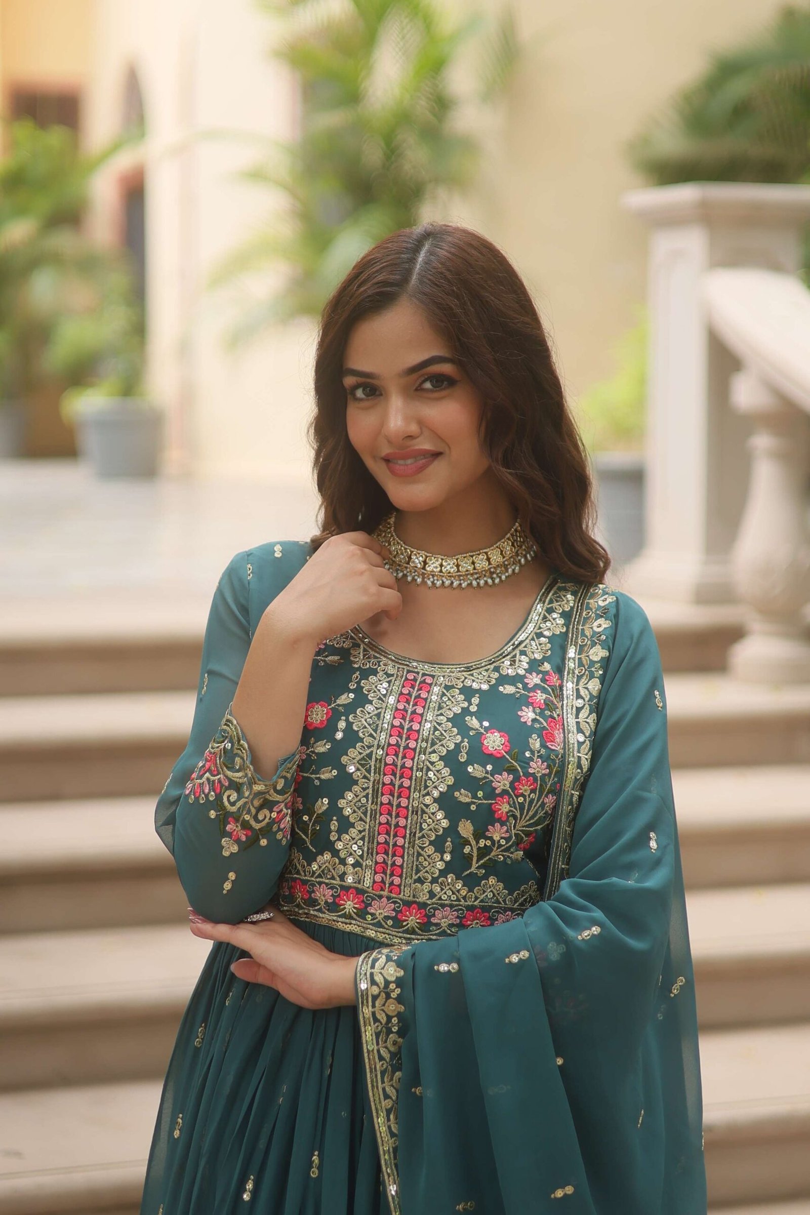 Rama Faux Georgette Sequins Embroidered Kurti with Sharara & Dupatta Set - Image 7