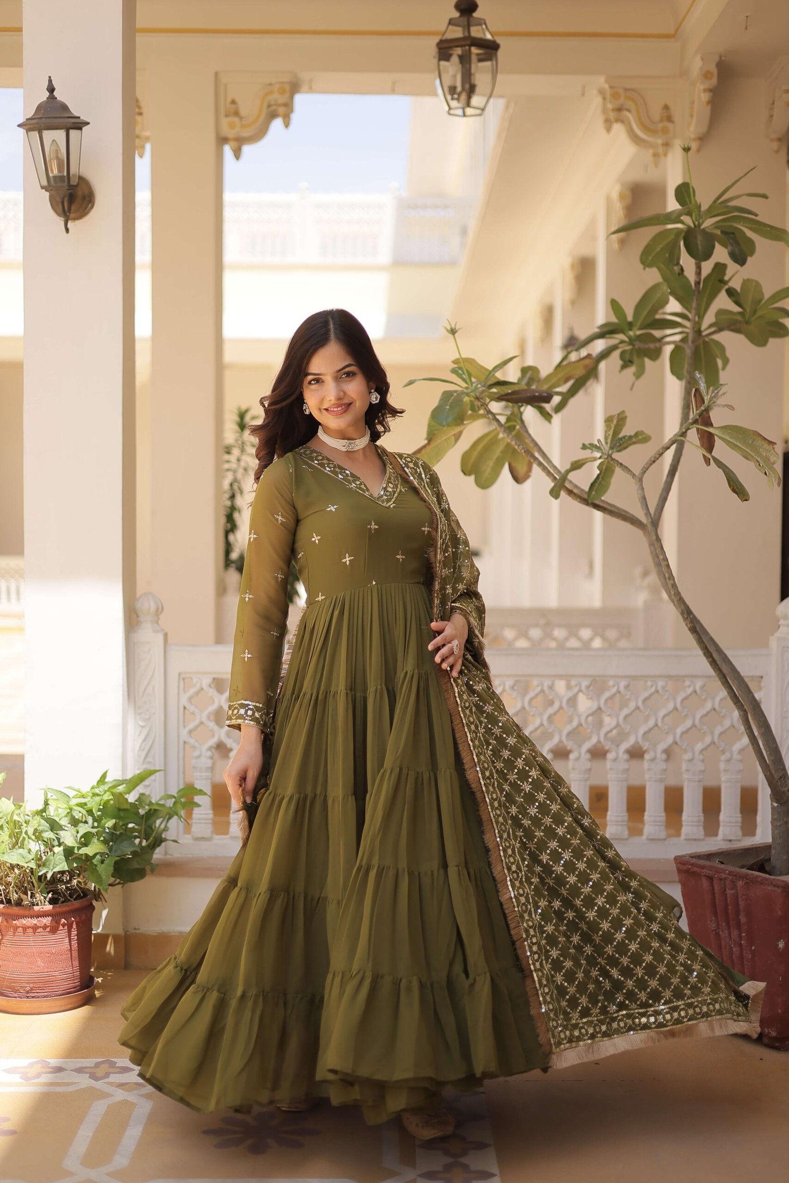 Mehandi Designer Faux Georgette Gown with Sequined Dupatta ? Elegant Festive & Party Wear Set - Image 3
