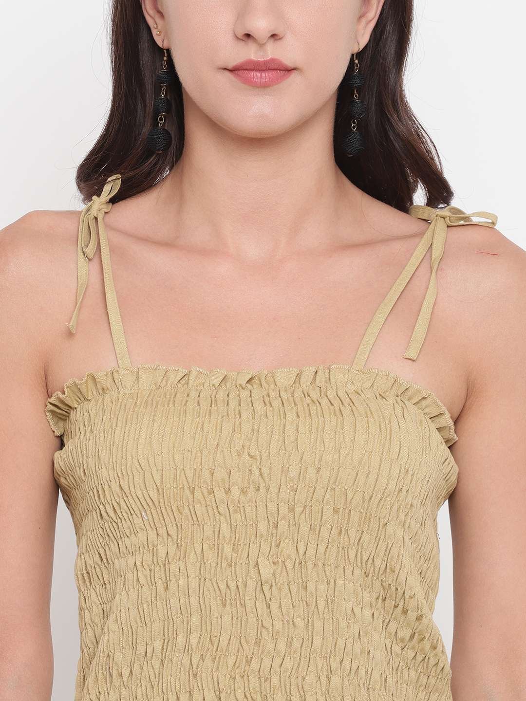 Women's Rayon Solid Casual Summer Style Tie Shoulder Straps Free Size Tank Top (Beige) - Image 4