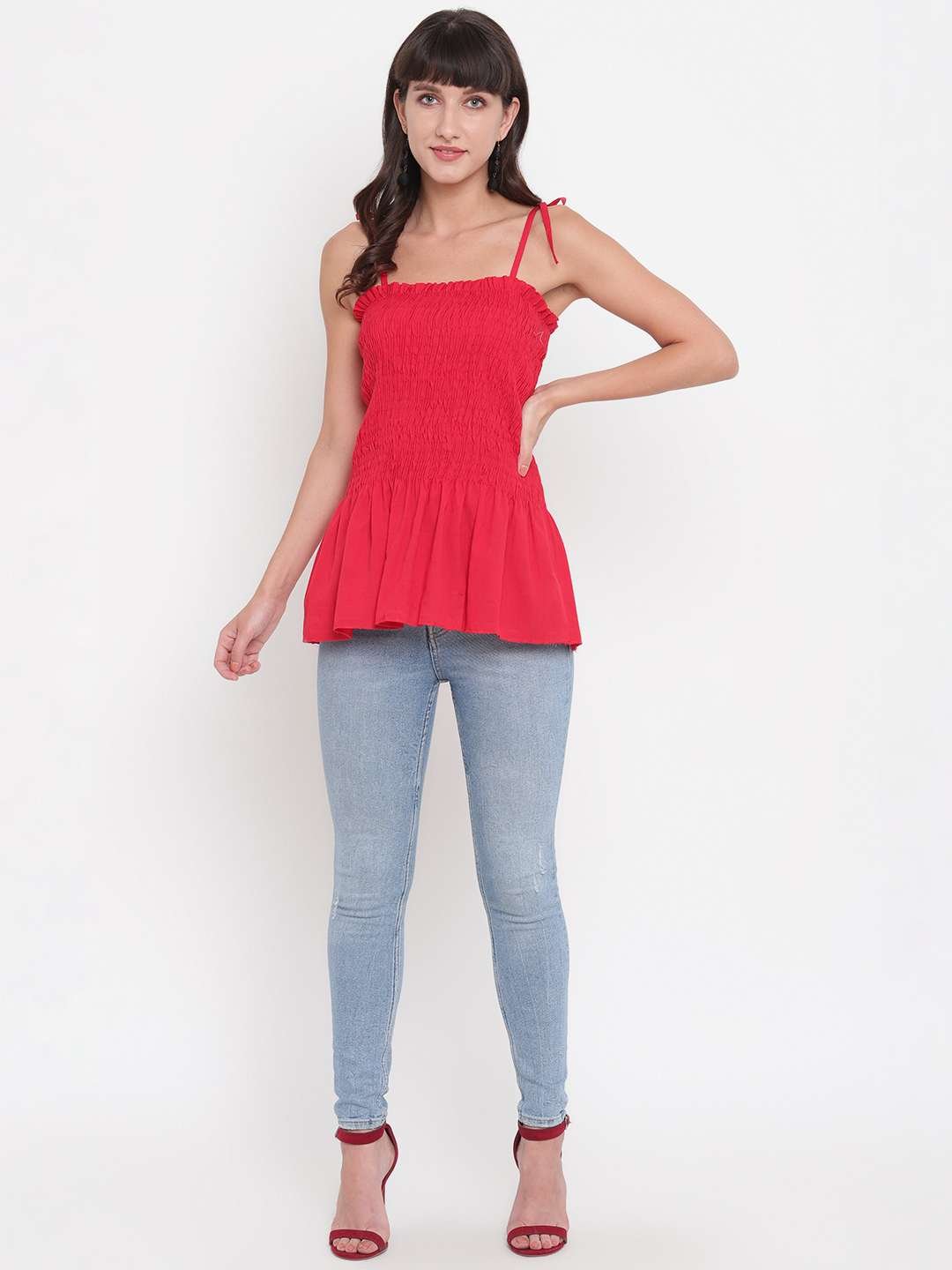 Women's Rayon Solid Casual Summer Style Tie Shoulder Straps Free Size Tank Top (Pink) - Image 4
