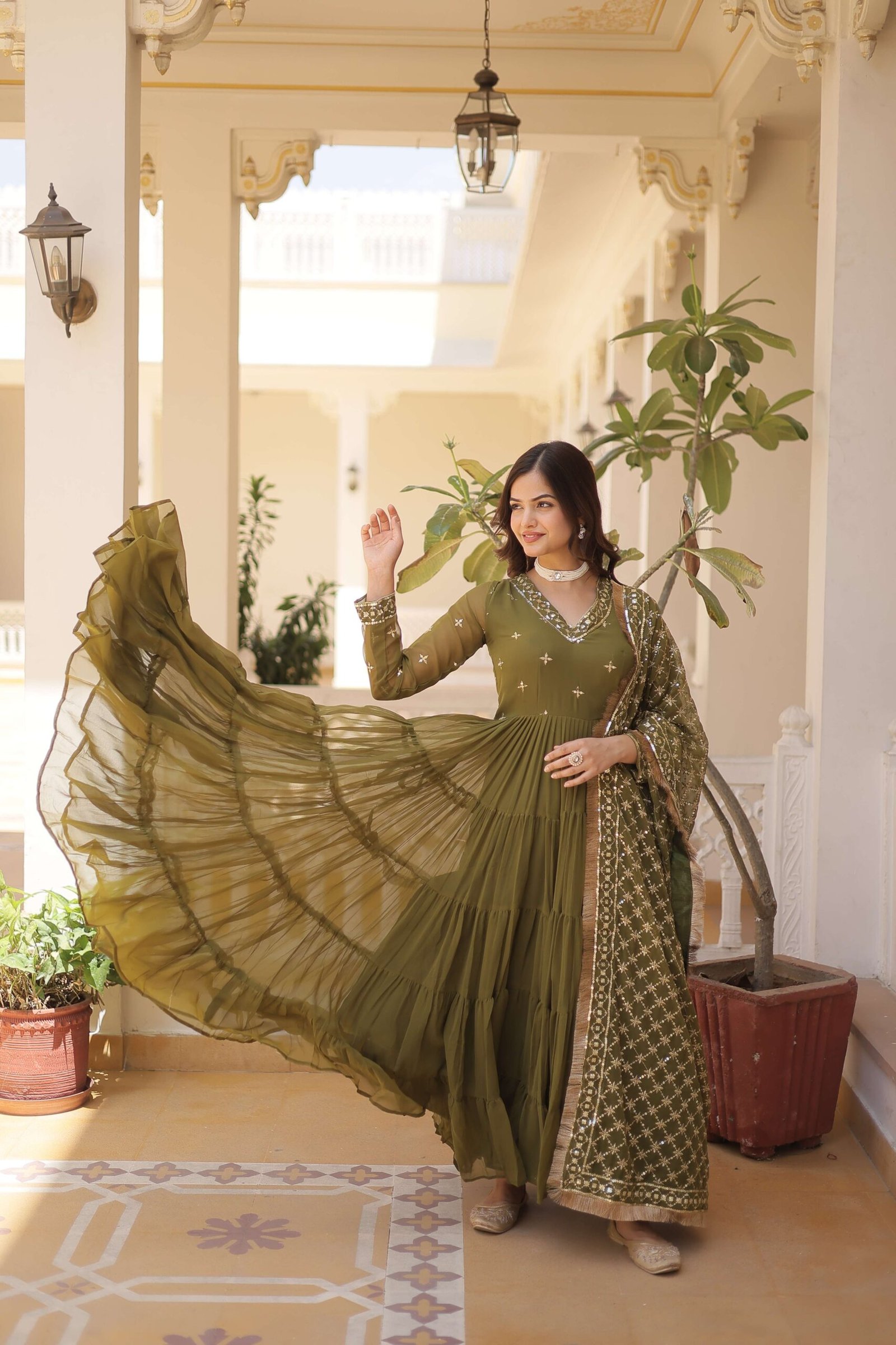 Mehandi Designer Faux Georgette Gown with Sequined Dupatta ? Elegant Festive & Party Wear Set - Image 4