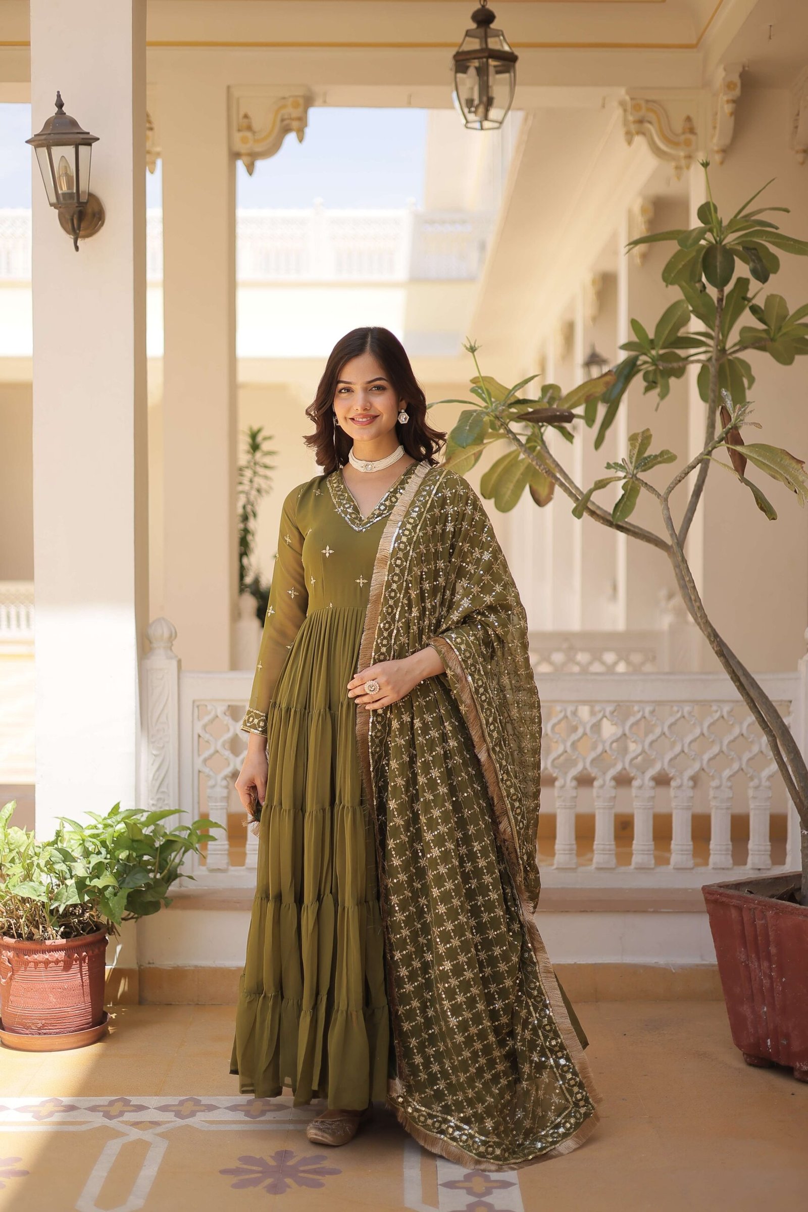 Mehandi Designer Faux Georgette Gown with Sequined Dupatta ? Elegant Festive & Party Wear Set - Image 5