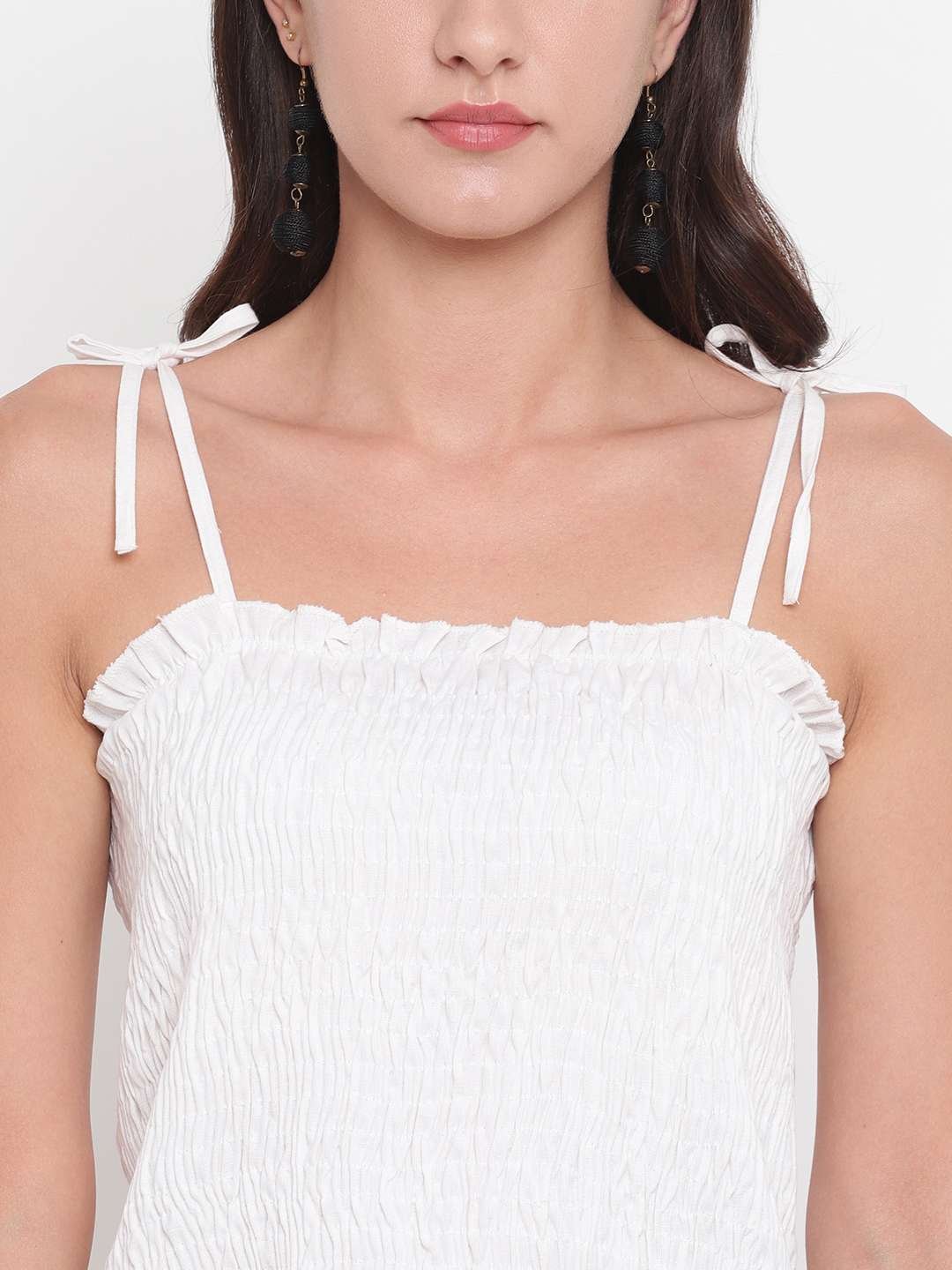Women's Rayon Solid Casual Summer Style Tie Shoulder Straps Free Size Tank Top (White) - Image 4