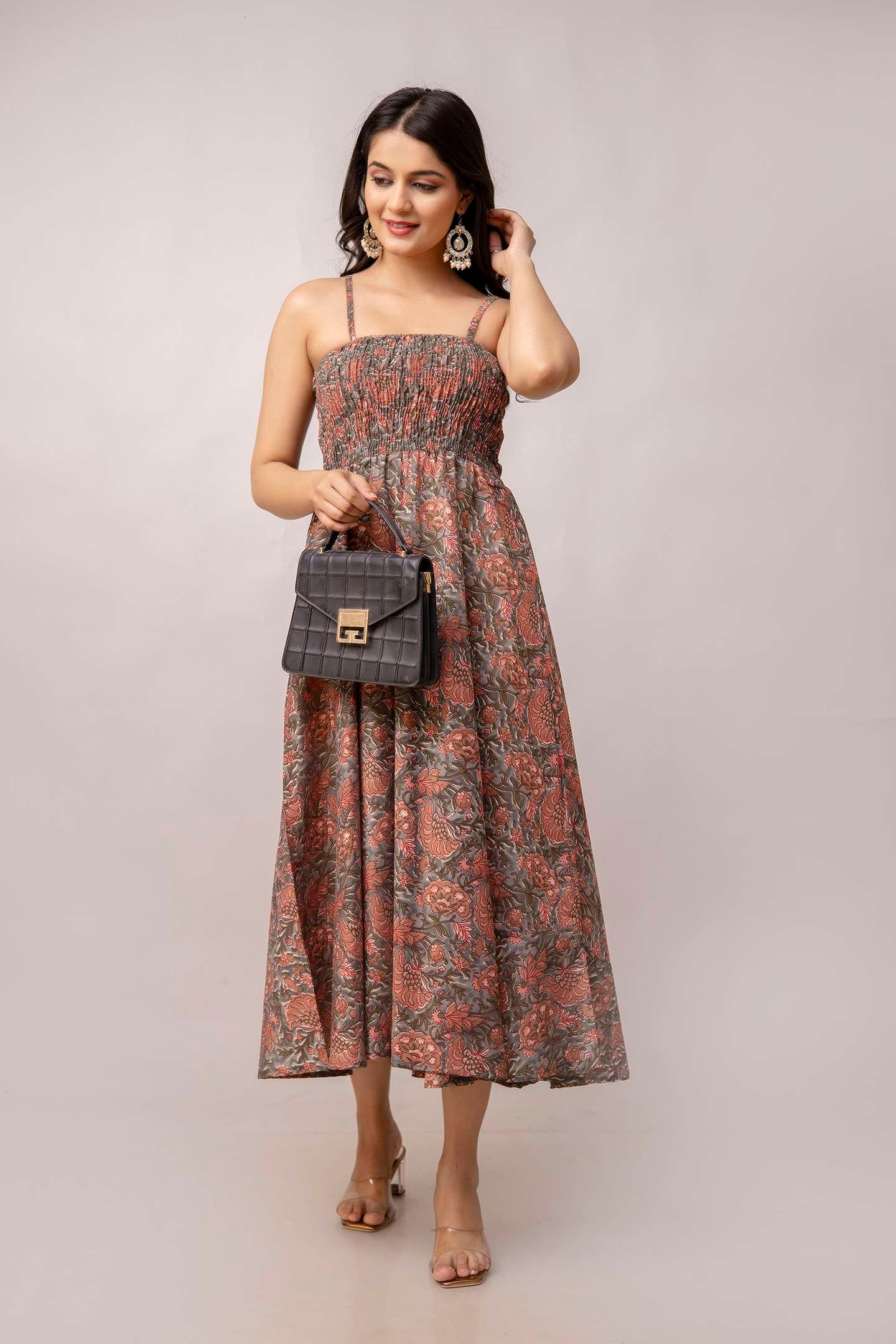 Women's Silk Printed Shoulder Straps Sleeveless Anarkali Gown Drees (Light Maroon-SUI) - Image 4