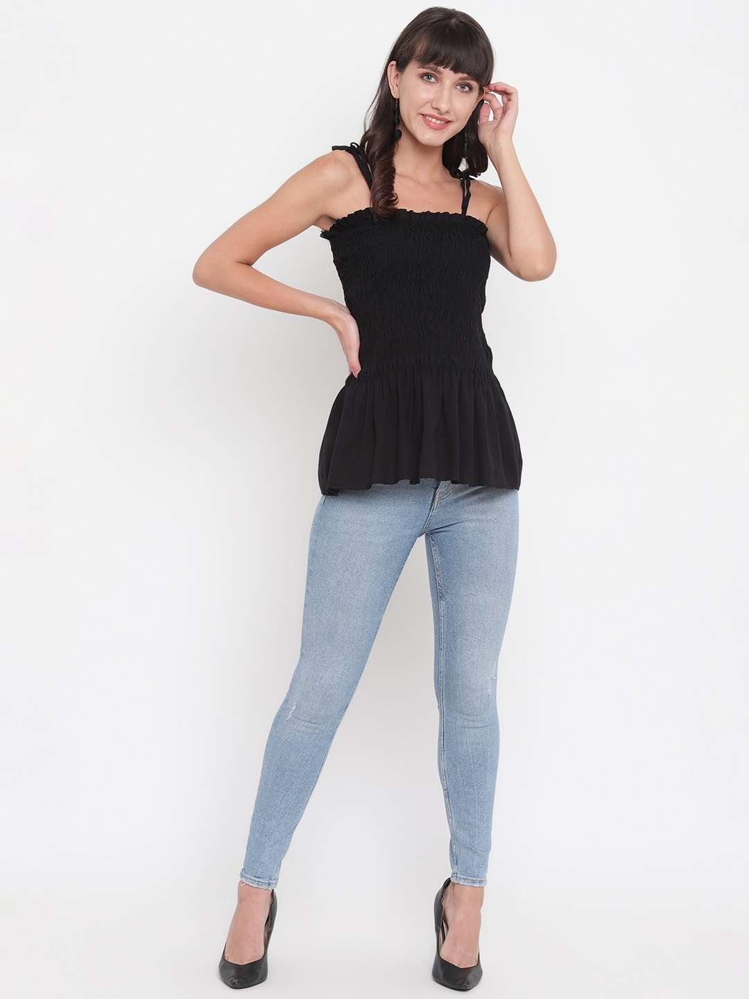 Women's Rayon Solid Casual Summer Style Tie Shoulder Straps Free Size Tank Top (Black) - Image 3