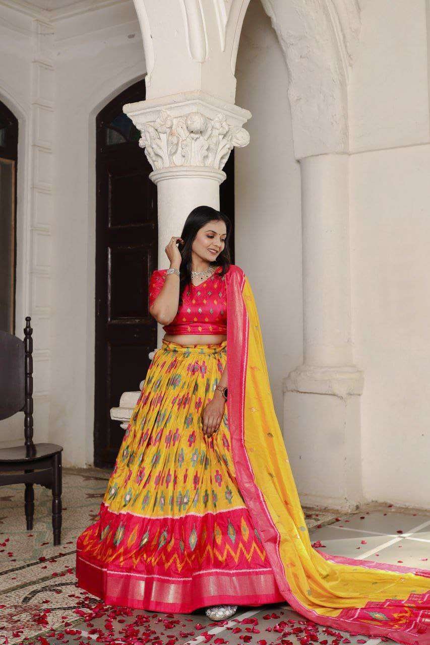 Yellow Dola Silk Lehenga Choli with Red Blouse | Patola Print & Foil Work | Wedding & Festive Wear - Image 4