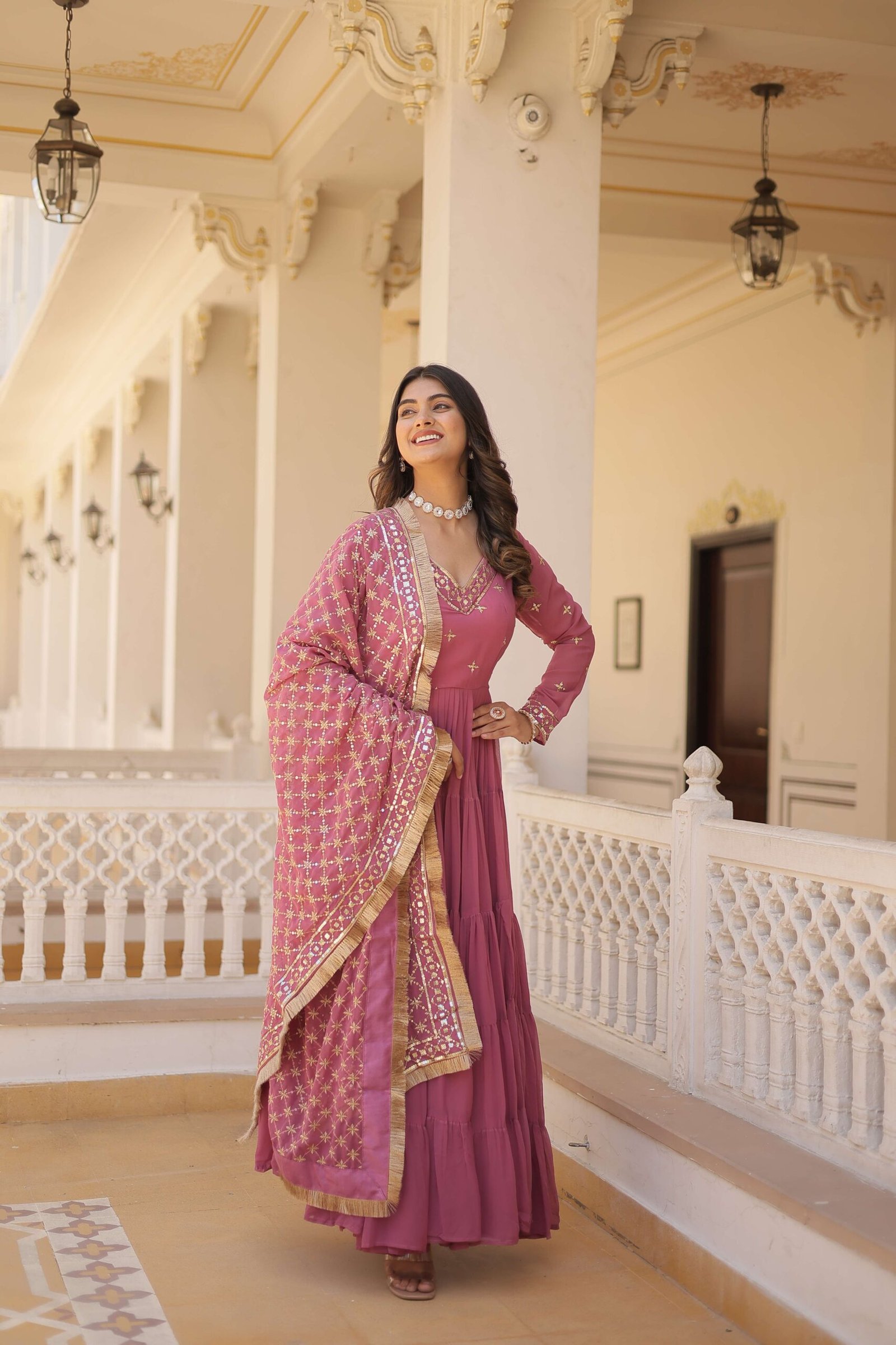 Onion Designer Faux Georgette Gown with Sequined Dupatta ? Elegant Festive & Party Wear Set - Image 5