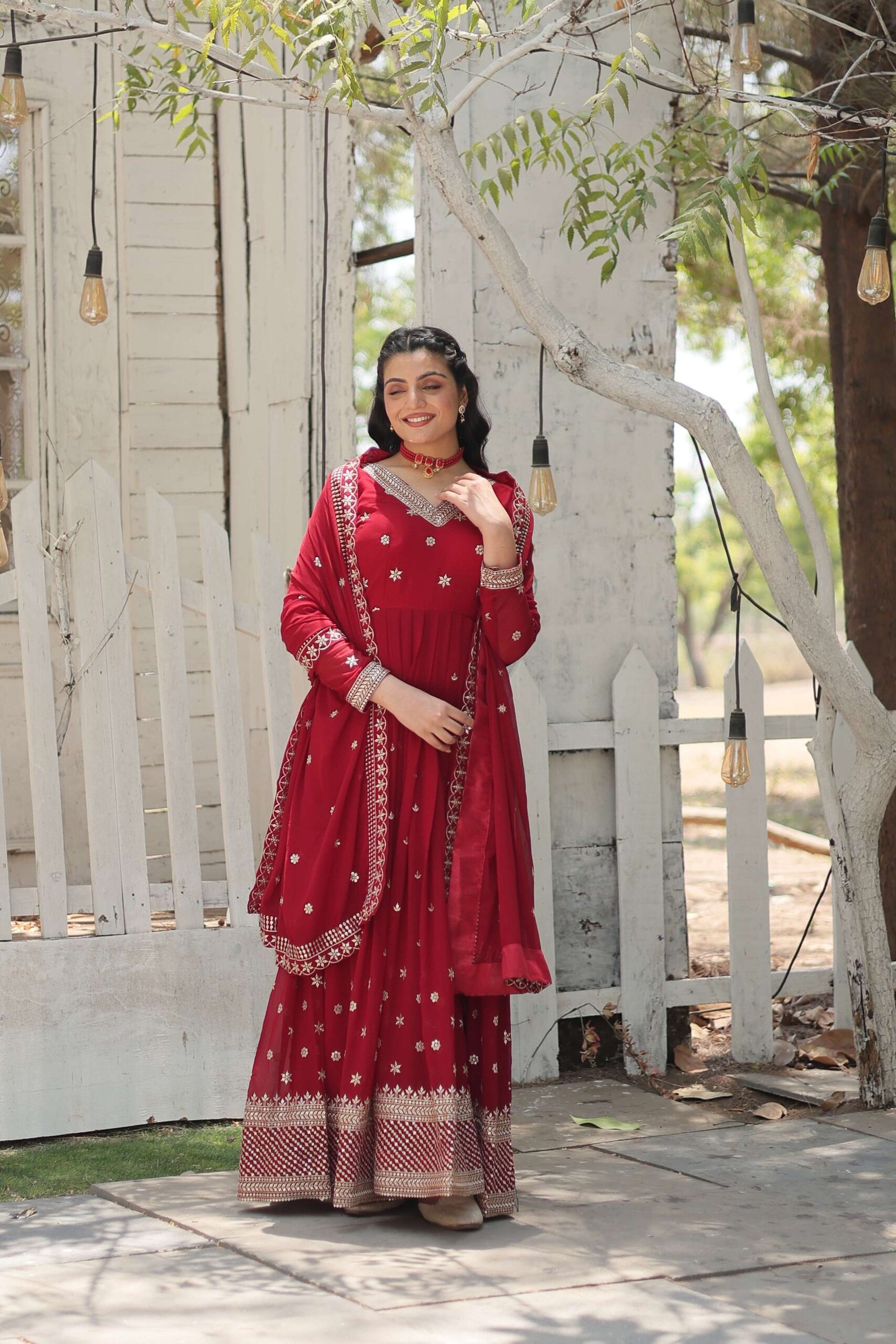 Maroon Designer Faux Blooming Anarkali Gown with Sequins Embroidered Dupatta ? Wedding & Festive Wear - Image 7