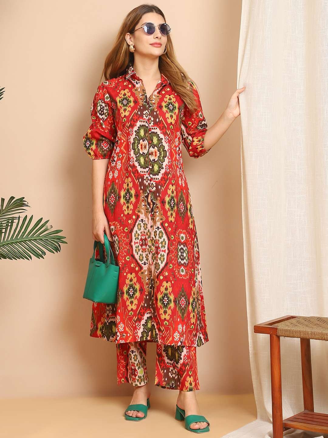 Women's Pure Cotton Printed Collared Top and Pant Co-ord Set (Multti Color4) - Image 4