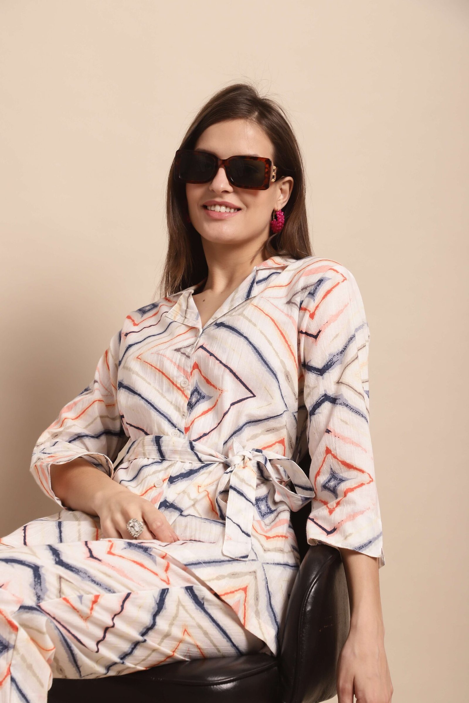 Women's Pure Cotton Printed Collared Top and Pant Co-ord Set (White) - Image 8