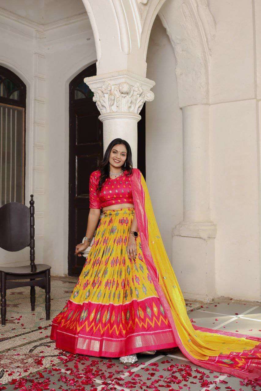 Yellow Dola Silk Lehenga Choli with Red Blouse | Patola Print & Foil Work | Wedding & Festive Wear - Image 2