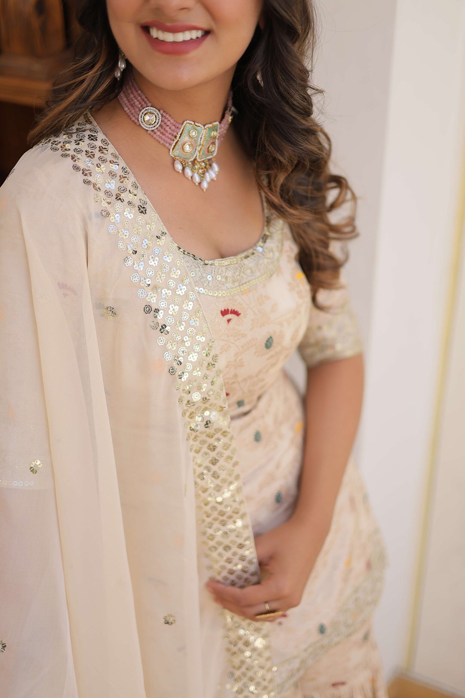 White Faux Blooming Sequins Embroidered Sharara Set with Matching Dupatta ? Festive & Party Wear 2024 - Image 2