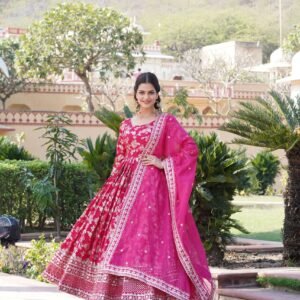 Pink Viscose Dyable Jacquard Gown with Russian Silk Sequined Dupatta ? Elegant Party & Wedding Set
