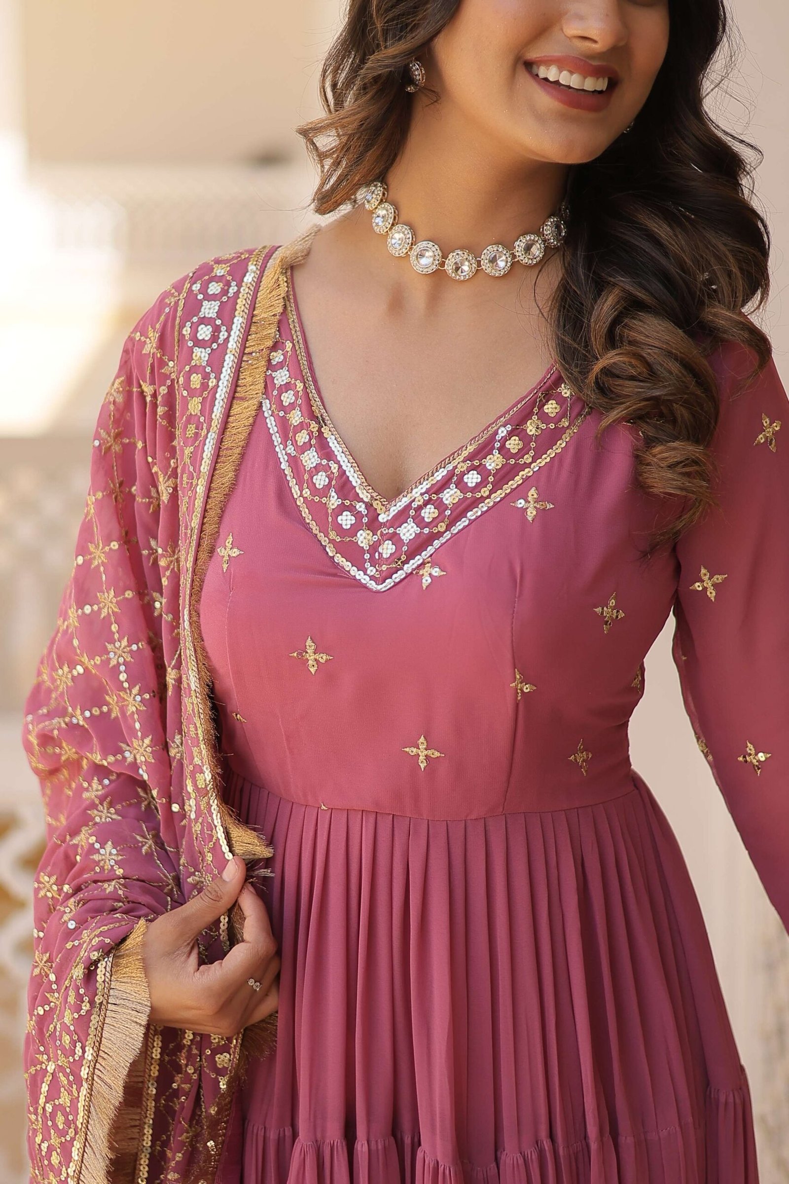 Onion Designer Faux Georgette Gown with Sequined Dupatta ? Elegant Festive & Party Wear Set