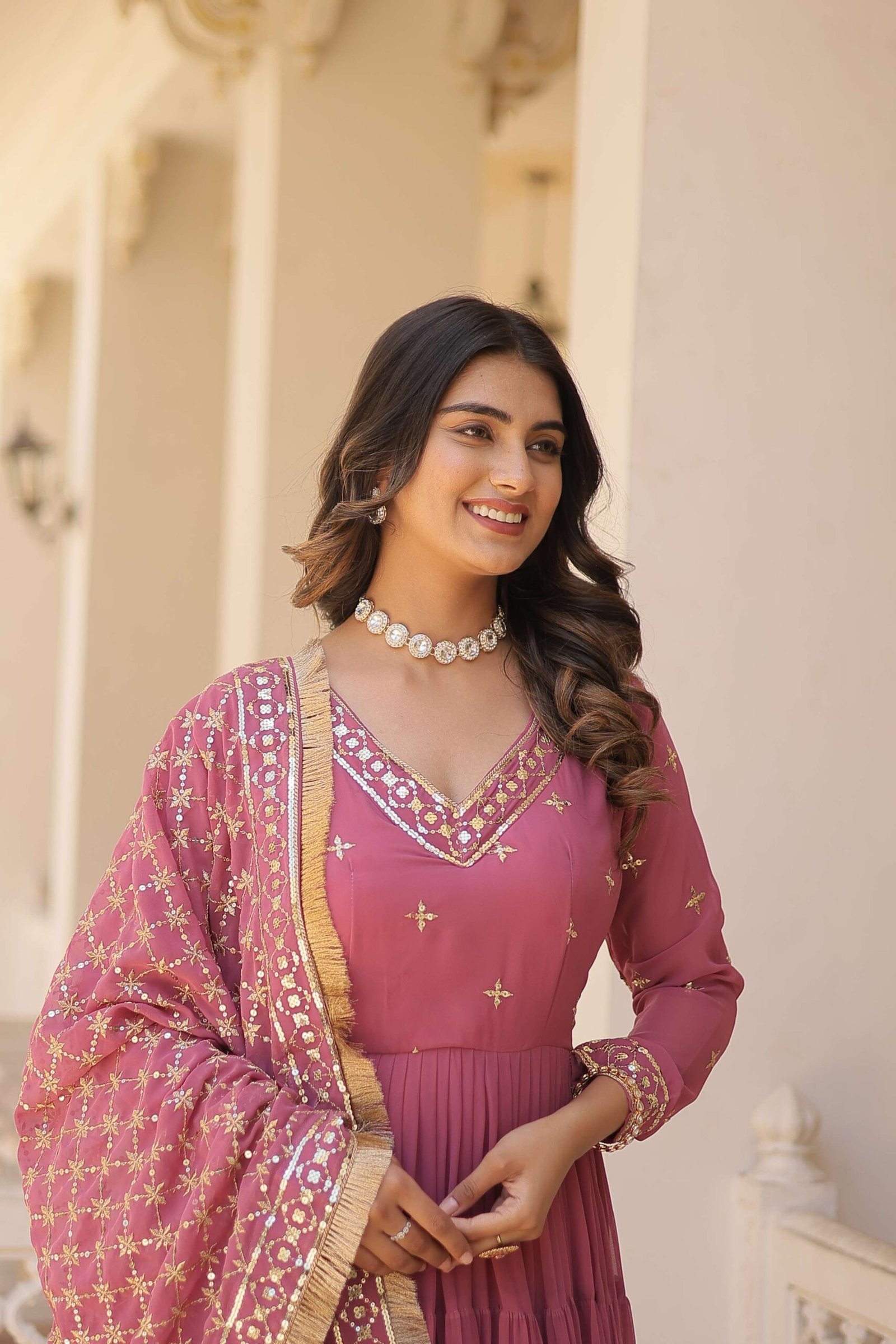Onion Designer Faux Georgette Gown with Sequined Dupatta ? Elegant Festive & Party Wear Set - Image 6