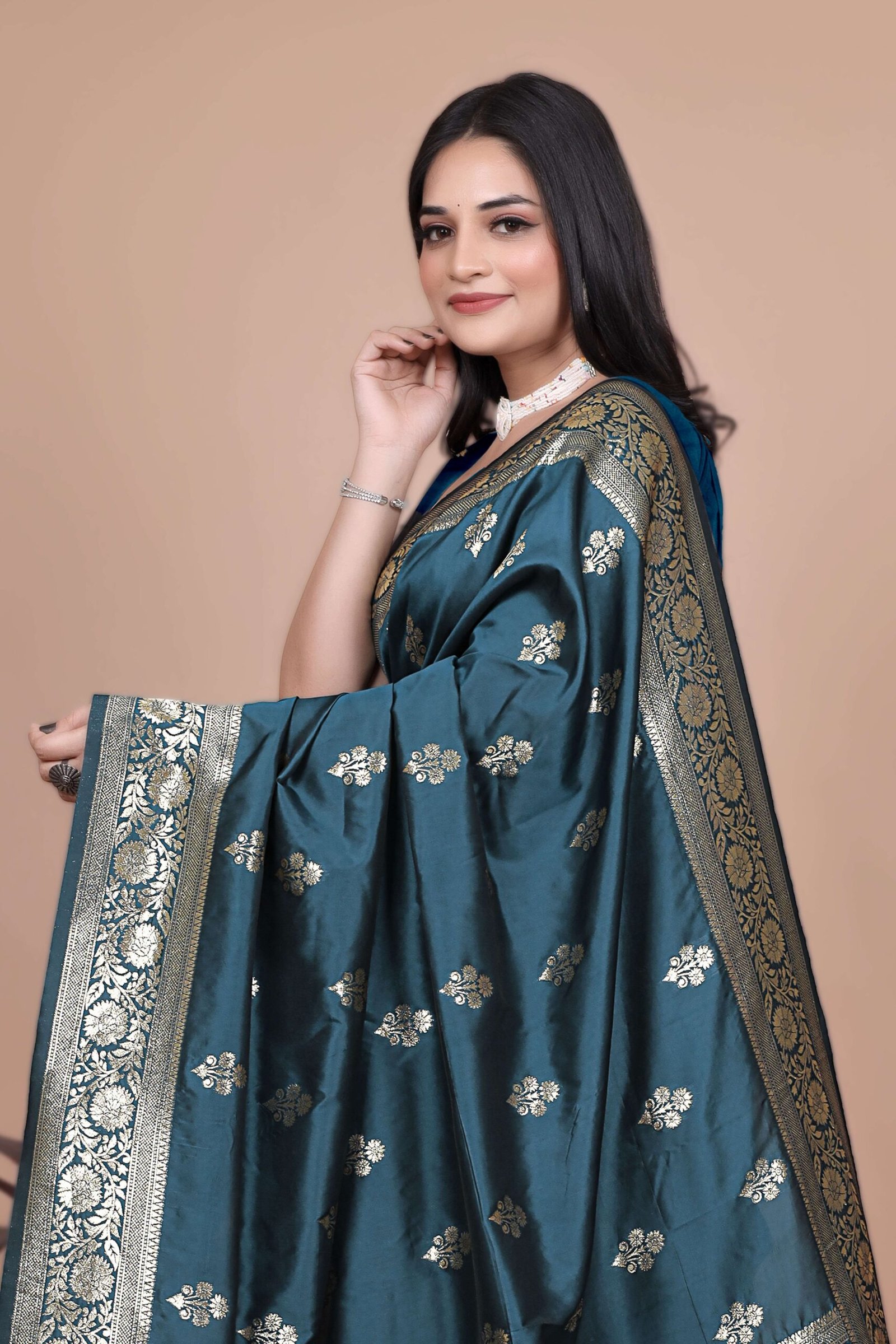 Teal Banarasi Silk Saree with Golden Zari & Peacock Pallu | Wedding, Festive & Traditional Wear - Image 6