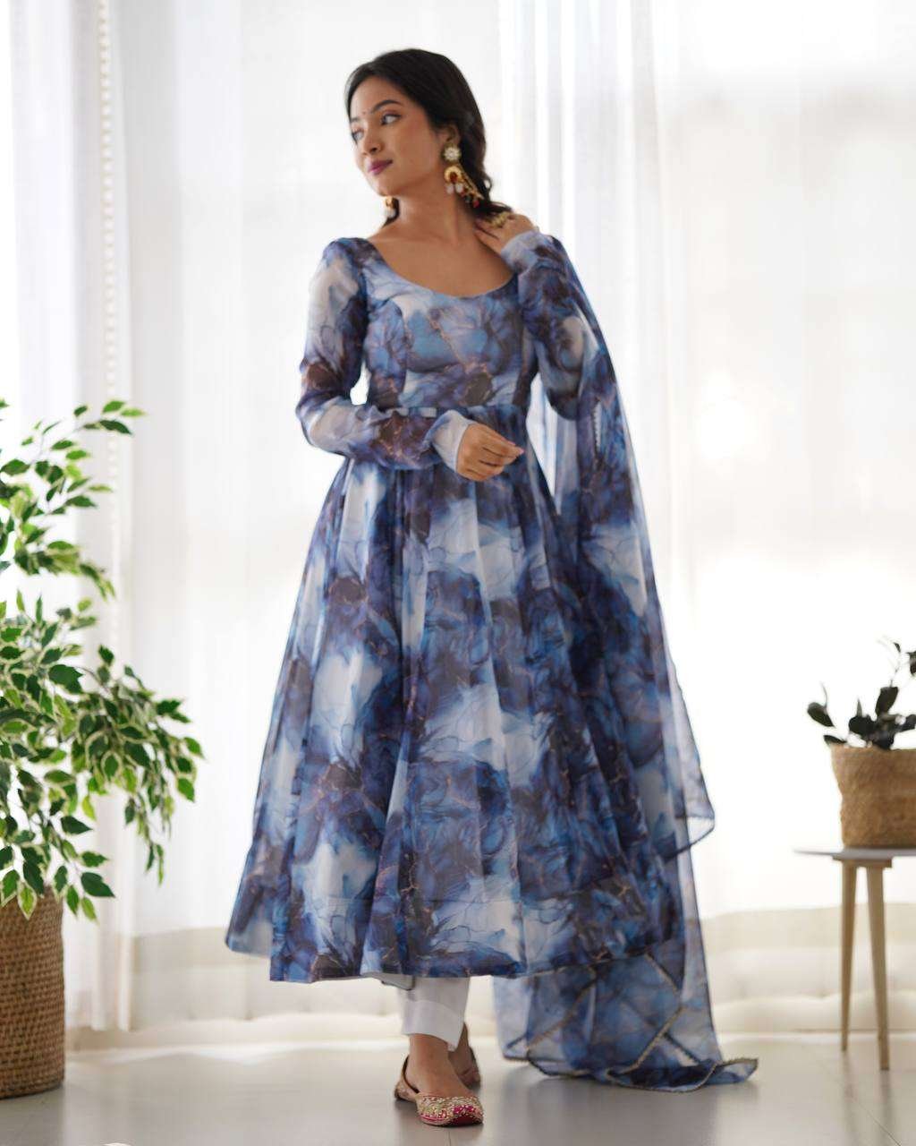 Womens Crunchy Silk Anarkali Kurti with Pant & Dupatta Set - Image 2