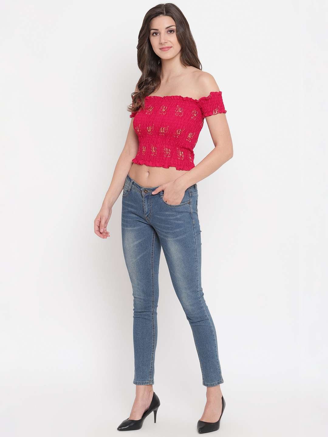 Women's Rayon Printed Off-Shoulder Smocked Crop Top Short Sleeve Casual Styles Tank Top (FREE SIZE) Multi14 - Image 4