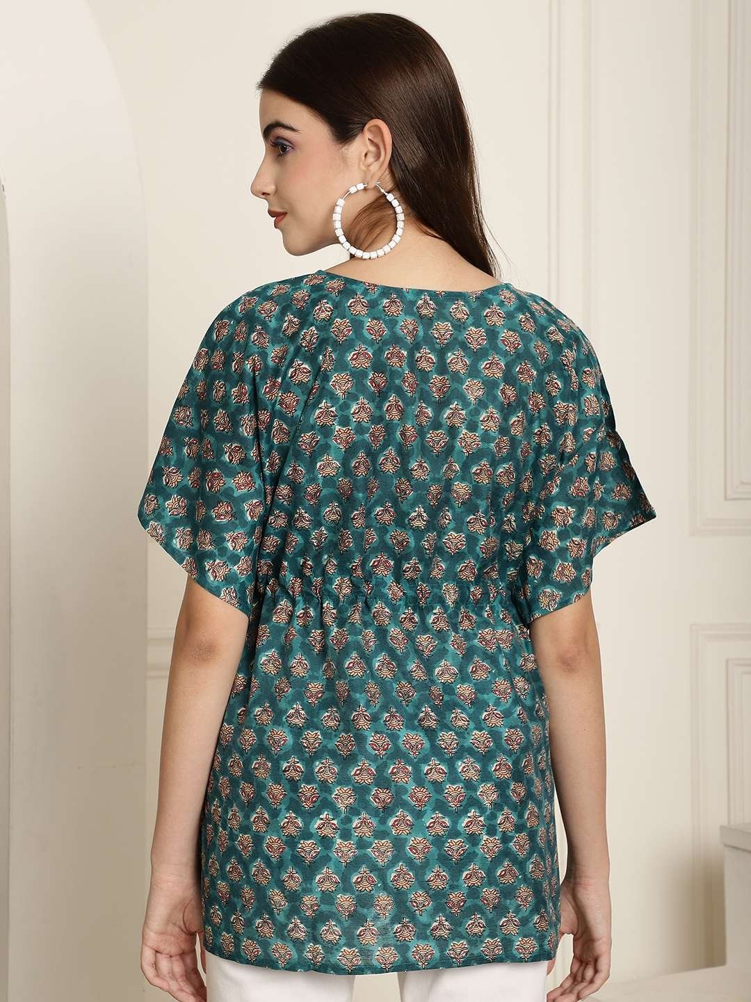 Women's Chanderi Printed Kaftan Top With Bell Sleeve Dress (Green) - Image 7