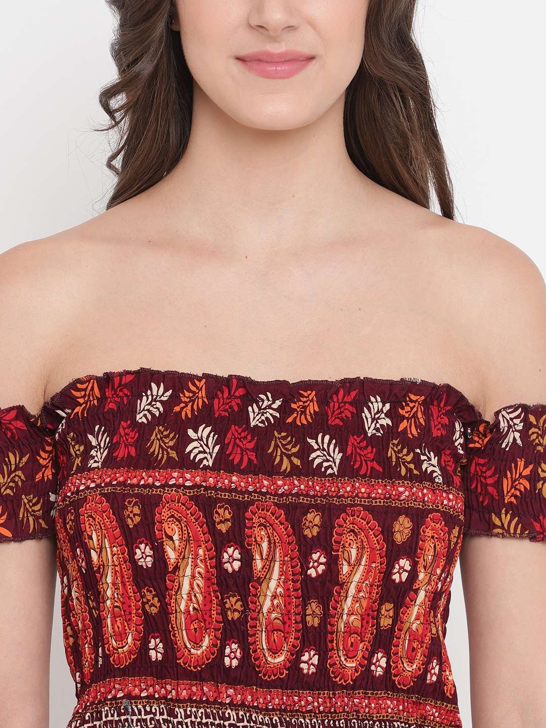 Women's Rayon Printed Off-Shoulder Smocked Crop Top Short Sleeve Casual Styles Tank Top (FREE SIZE) Multi2 - Image 4