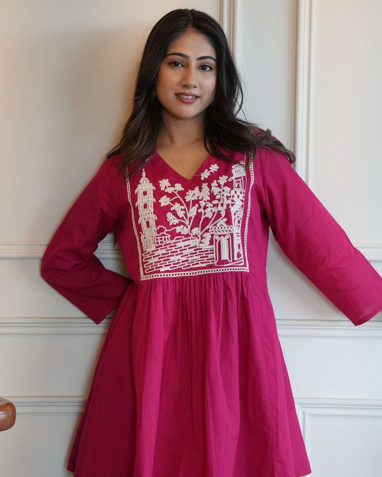 Women's Cotton Embroidered Short Anarkali Kurti with pant - Image 3