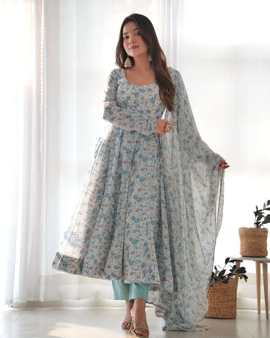 Womens Crunchy Silk Anarkali Kurti with Pant & Dupatta Set - Image 5