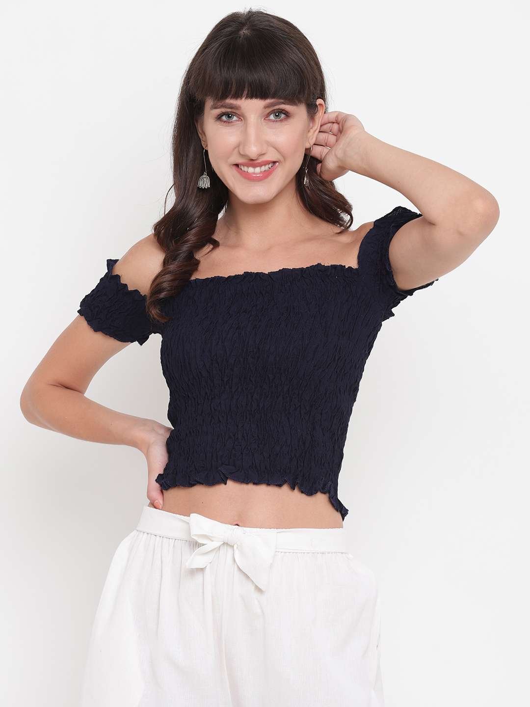 Women's Rayon Solid Off-Shoulder Smocked Crop Top Short Sleeve Casual Styles Tank Top (FREE SIZE) Multi20 - Image 2